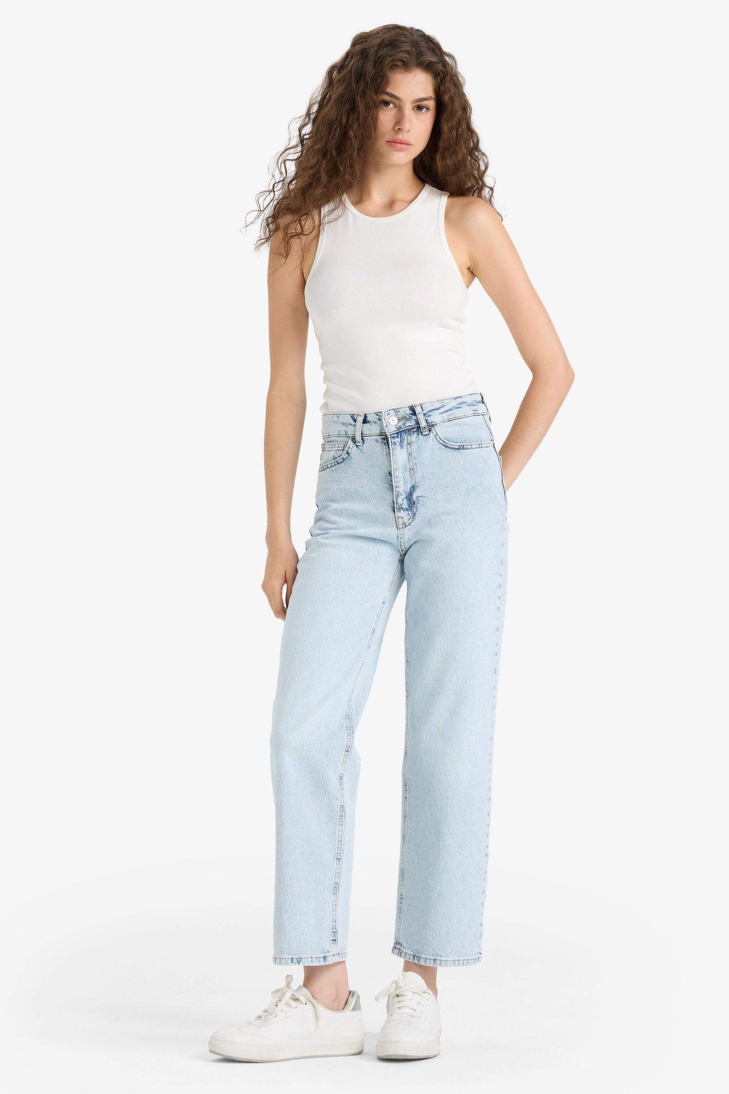 Comfort Straight Yüksek Bel Bilek Boy Jean Yıkamalı Pantolon