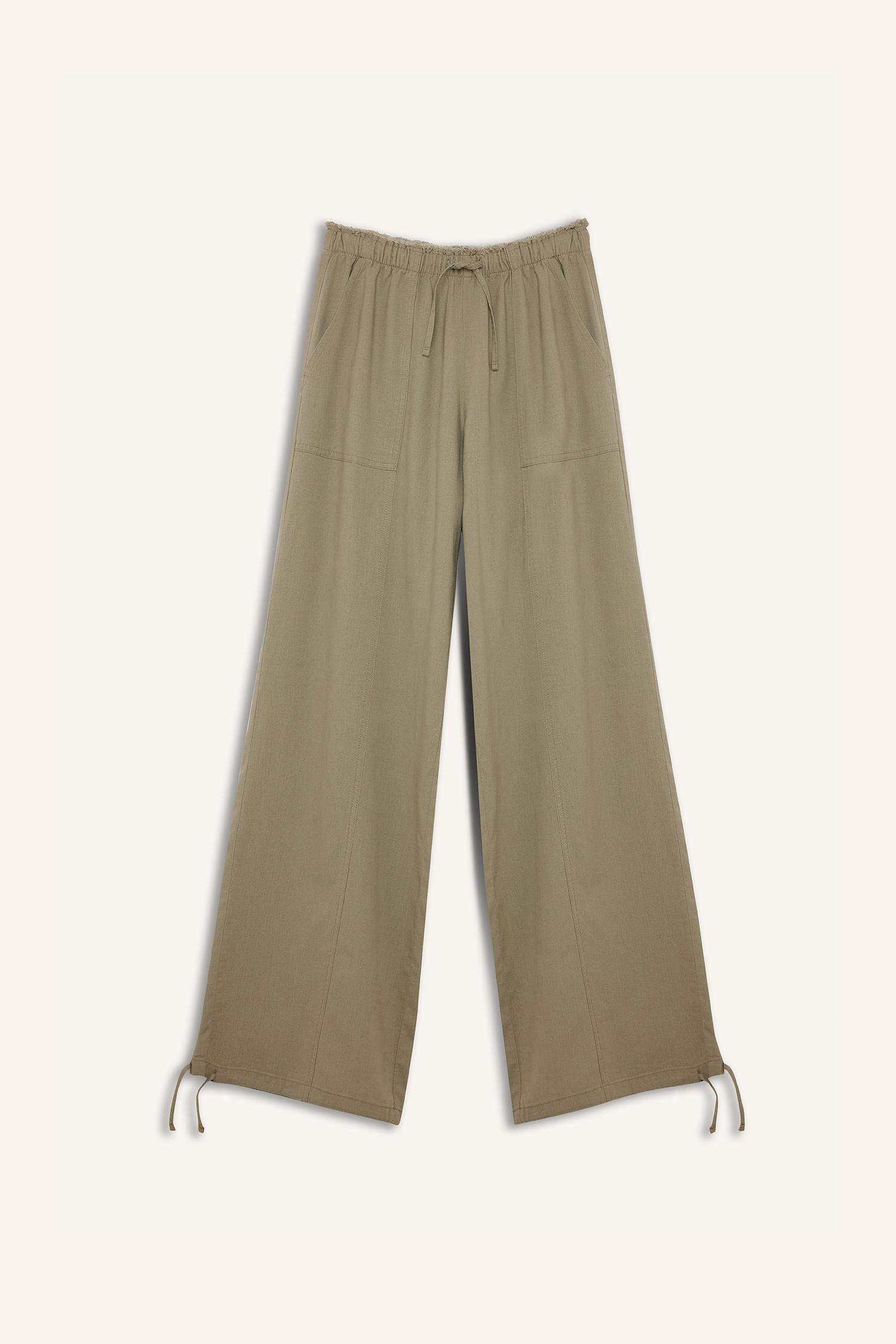 بنطرون برجل واسع وايد ليج من مزيج الكتان وخصر عادي