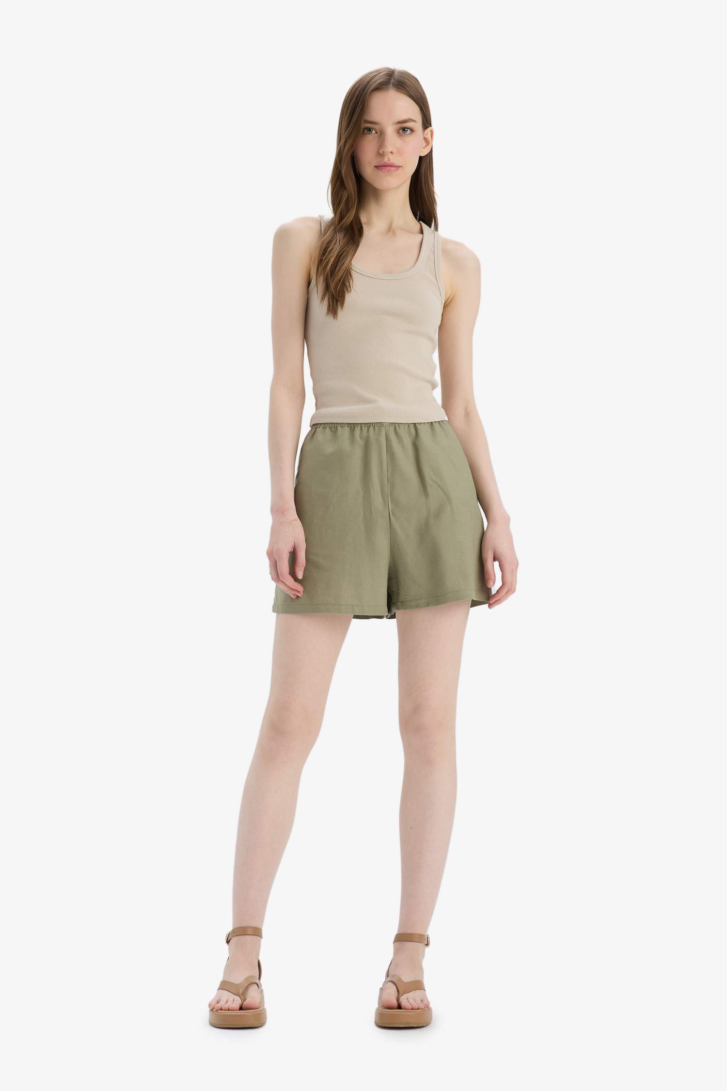 Linen Blended Normal Waist Short Leg Shorts