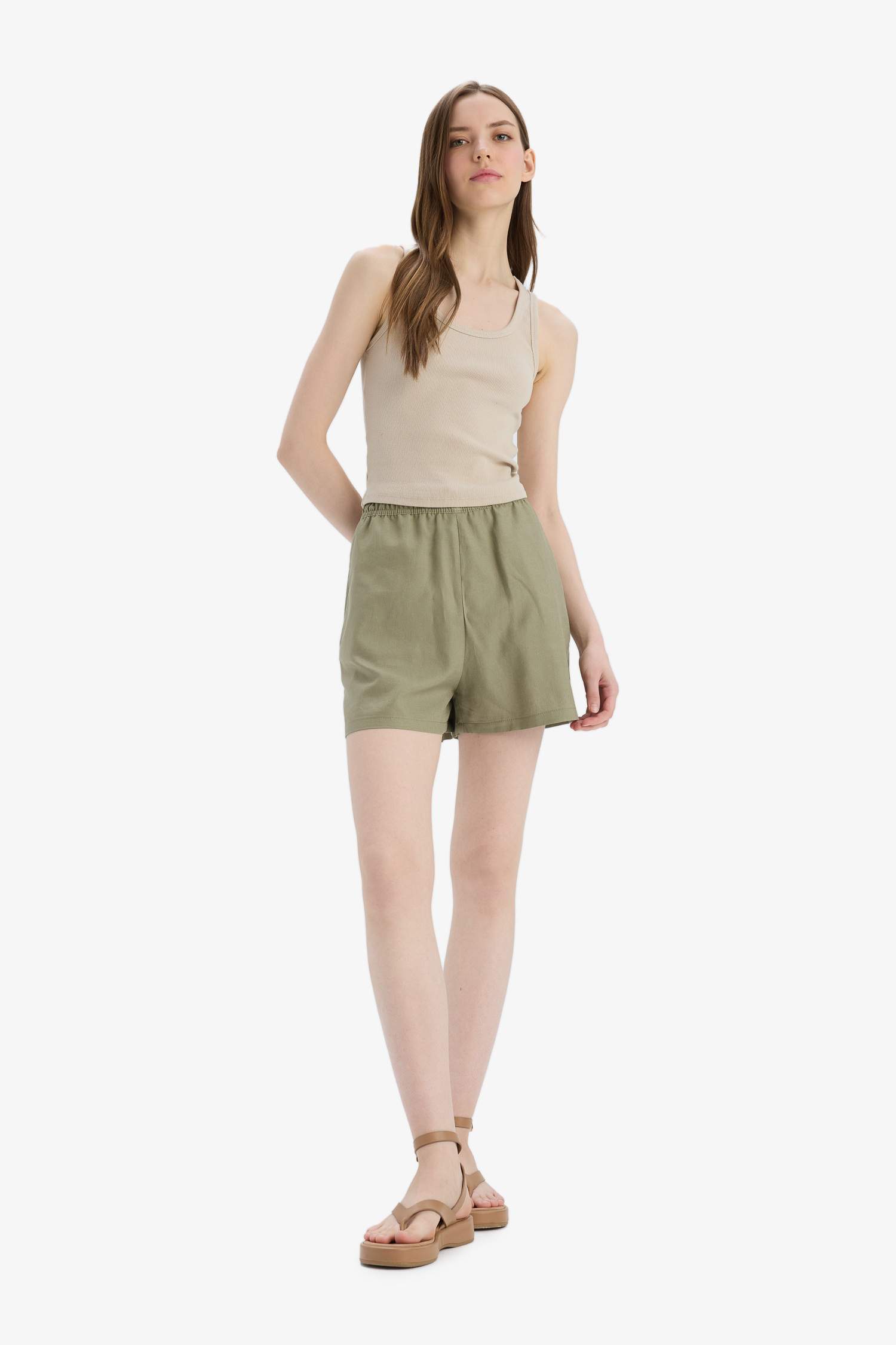 Linen Blended Normal Waist Short Leg Shorts