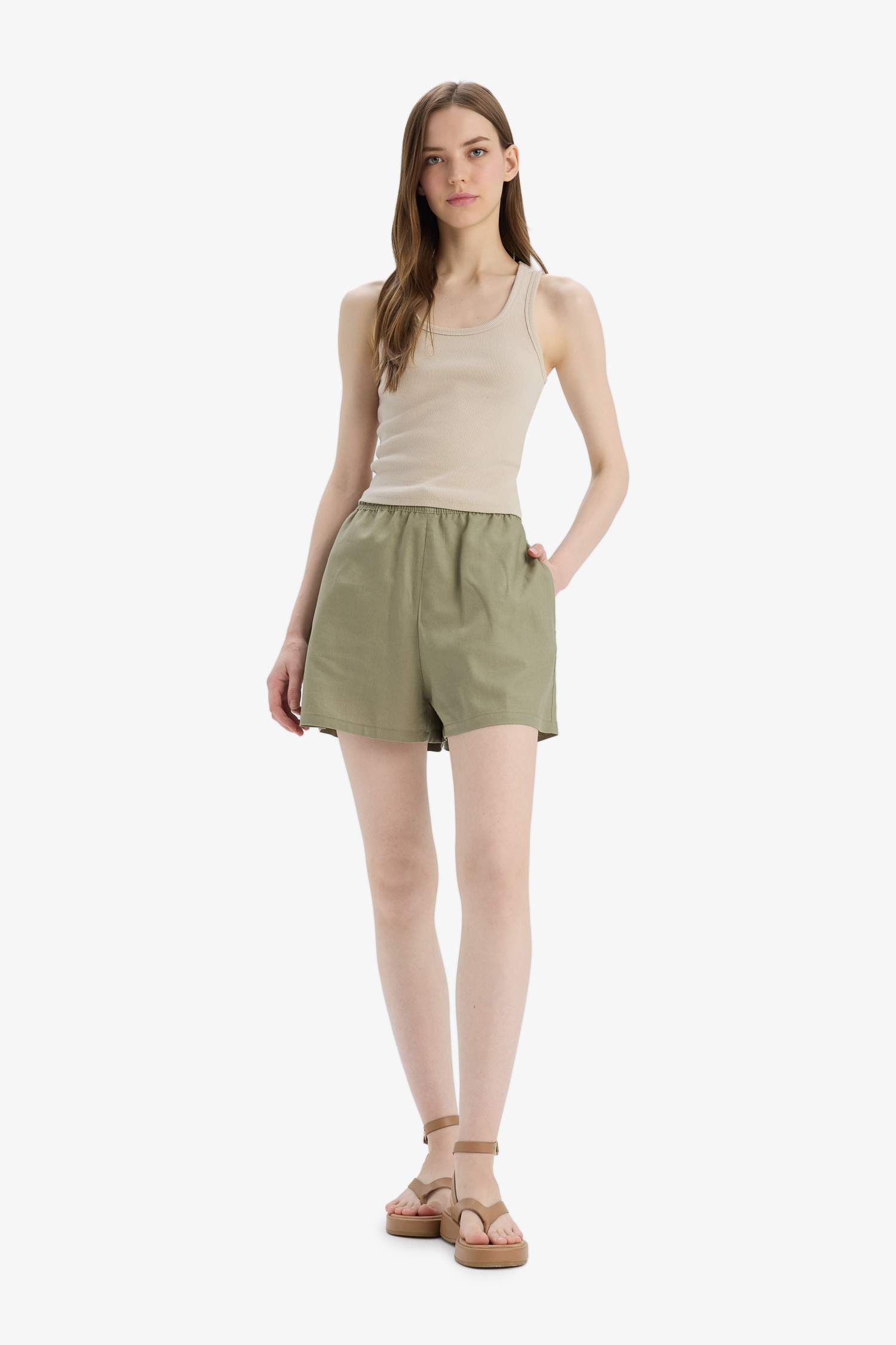Linen Blended Normal Waist Short Leg Shorts