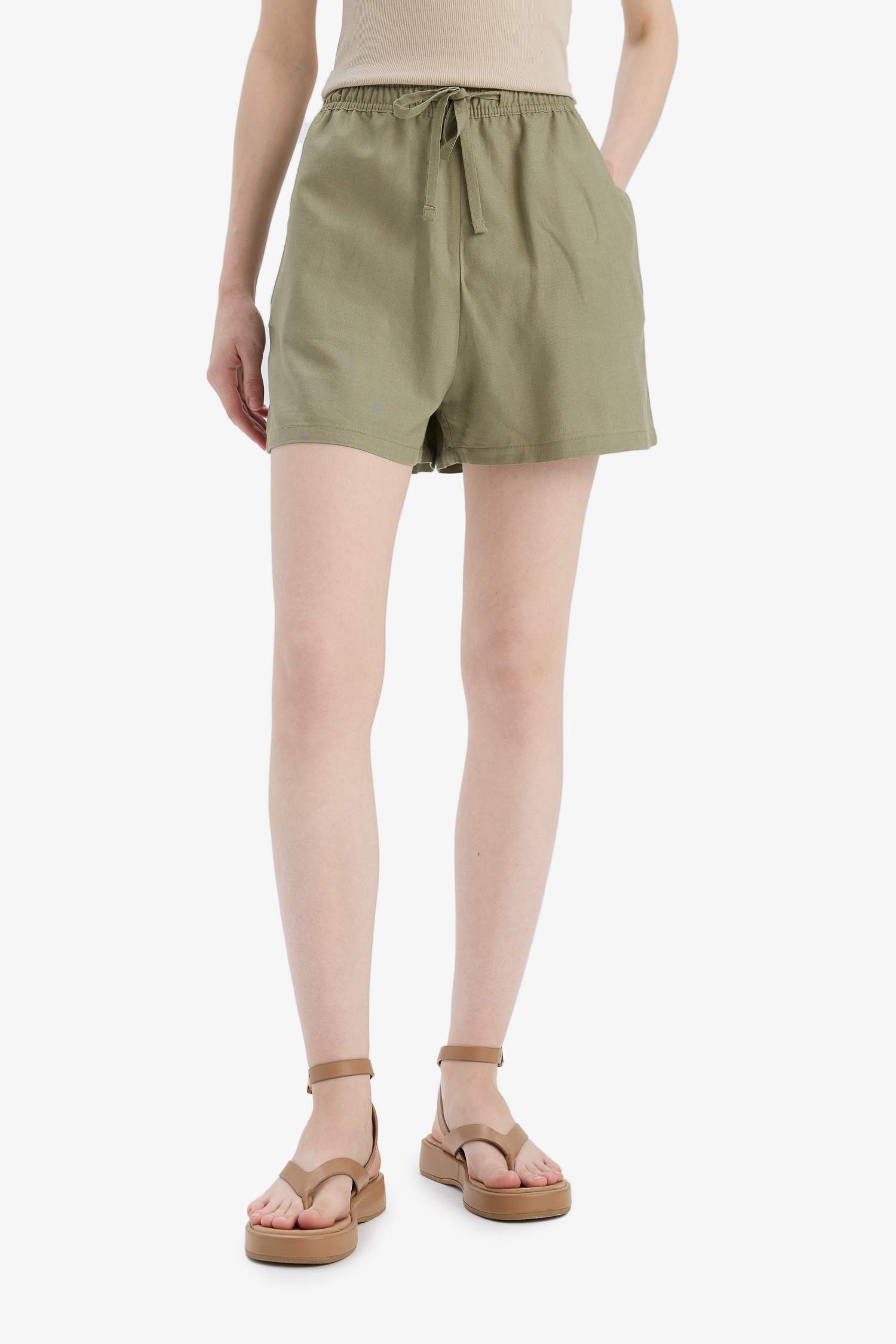 Linen Blended Normal Waist Short Leg Shorts