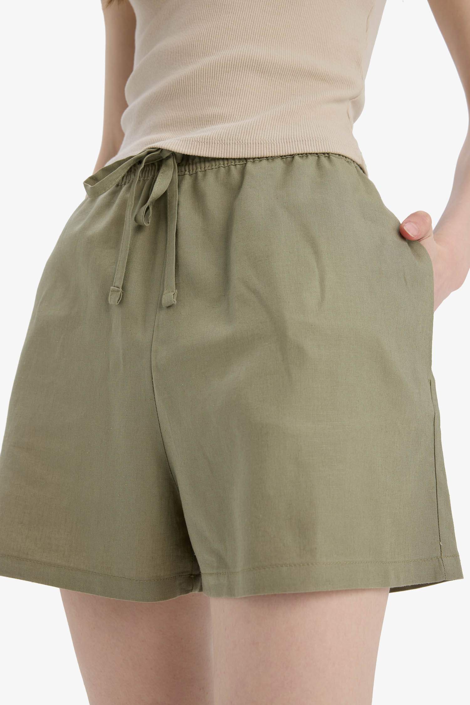 Linen Blended Normal Waist Short Leg Shorts