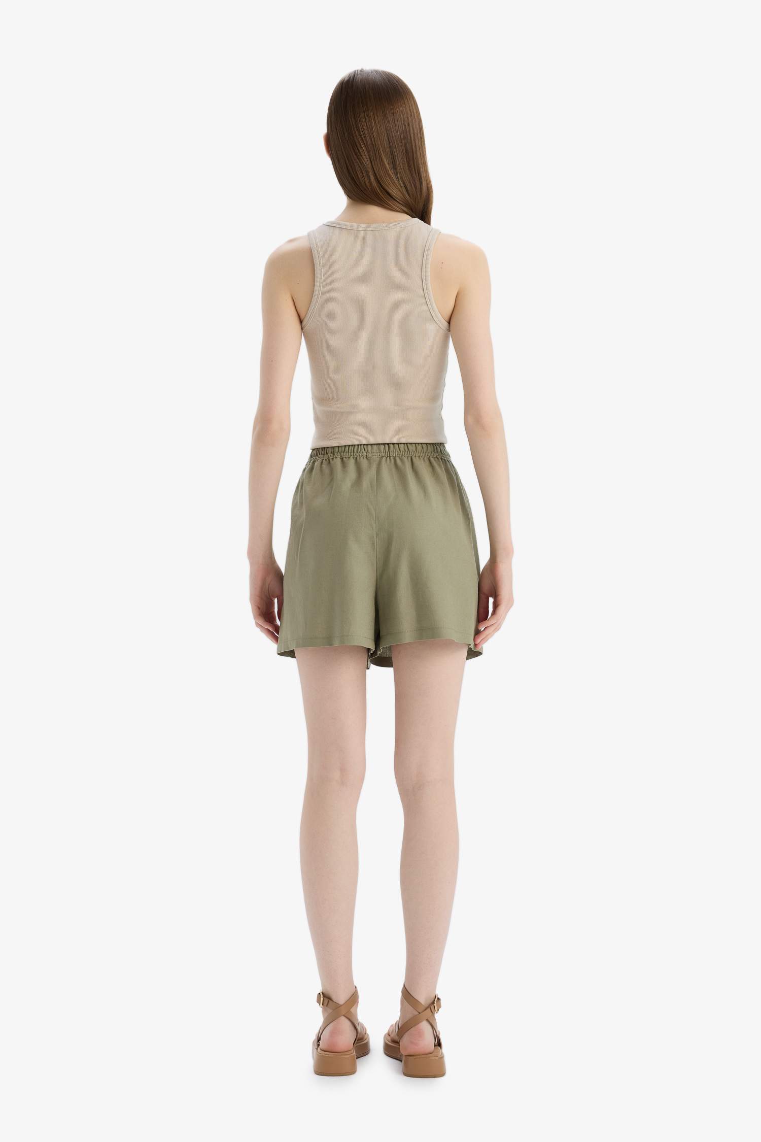 Linen Blended Normal Waist Short Leg Shorts
