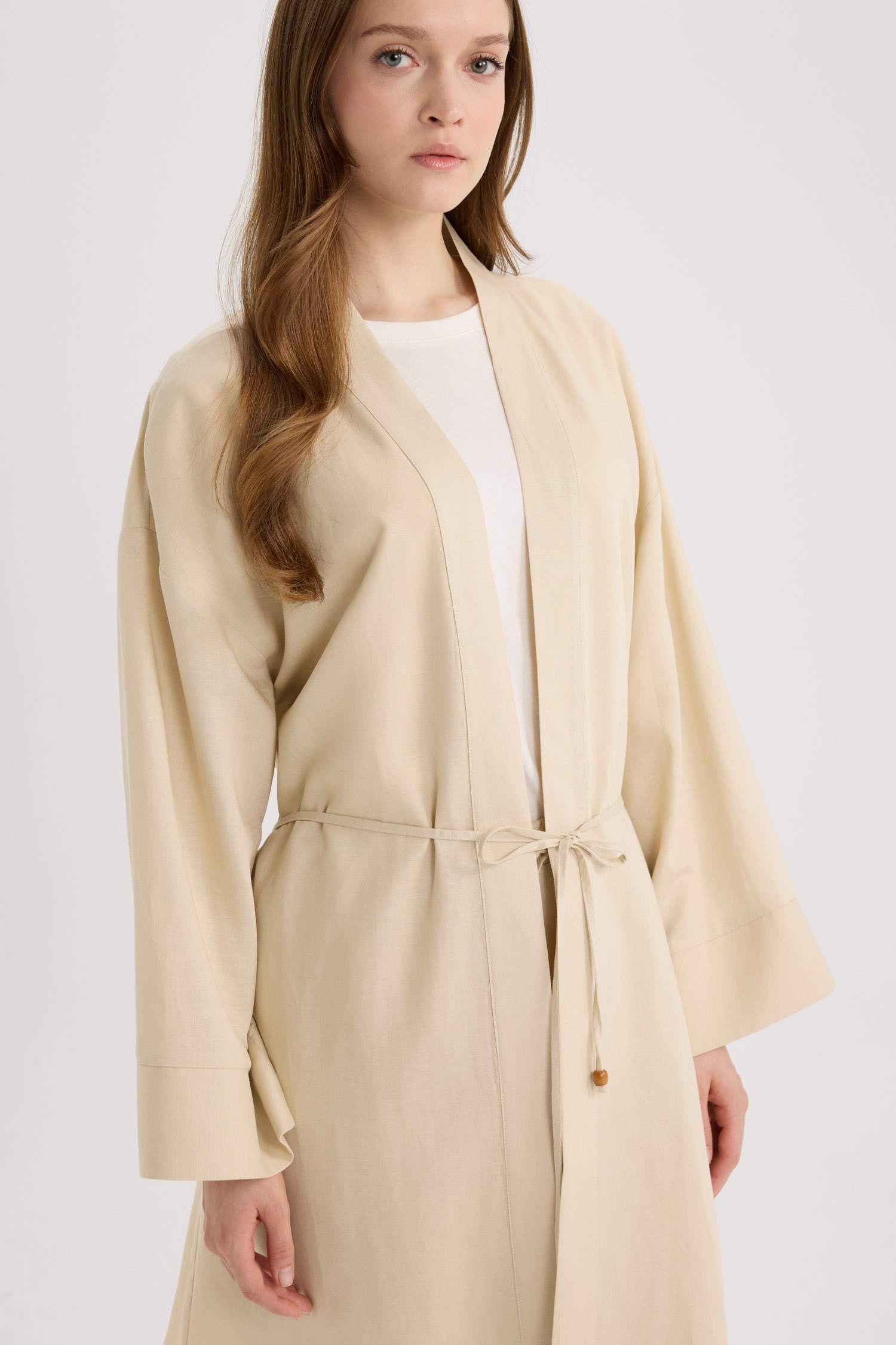 Relax Fit Kuşaklı Keten Karışımlı Kimono