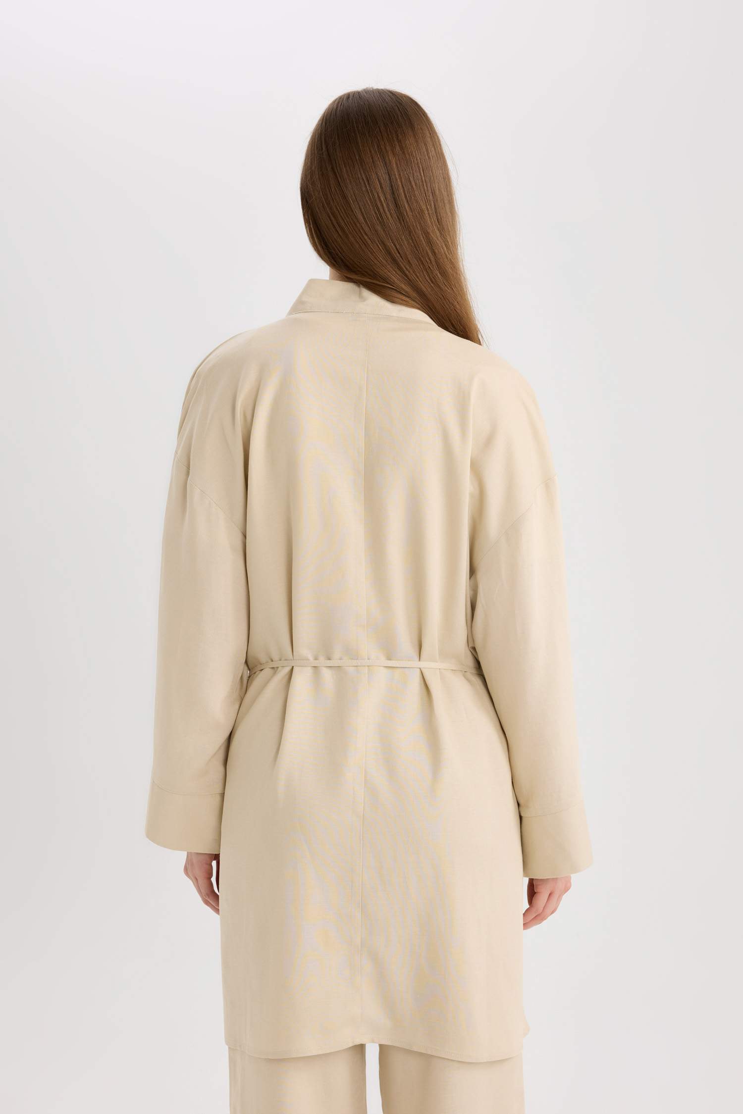 Relax Fit Kuşaklı Keten Karışımlı Kimono