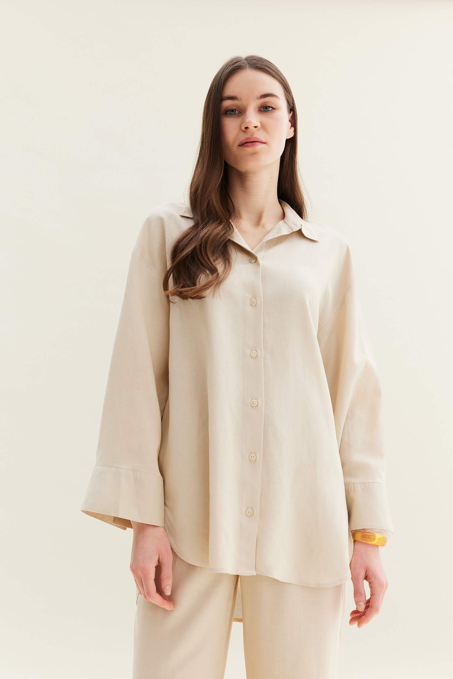 تونيك قصة مريحة كم طويل من مزيج الكتان بيج رملي