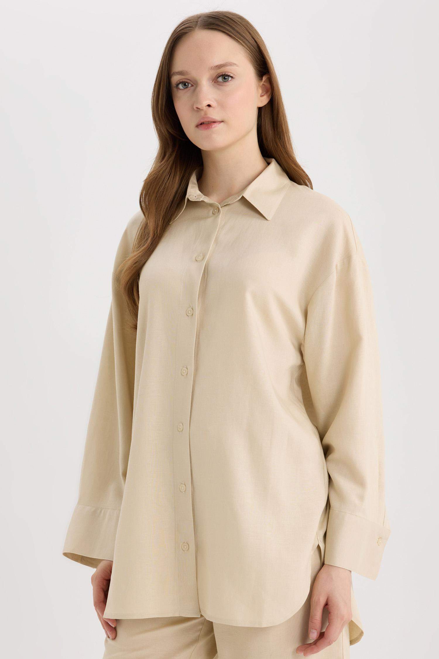 تونيك قصة مريحة كم طويل من مزيج الكتان بيج رملي