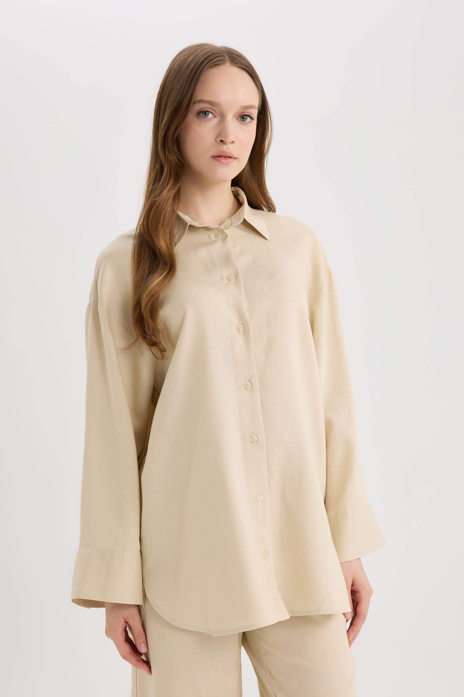 Relax Fit Keten Karışımlı Uzun Kollu Gömlek Tunik