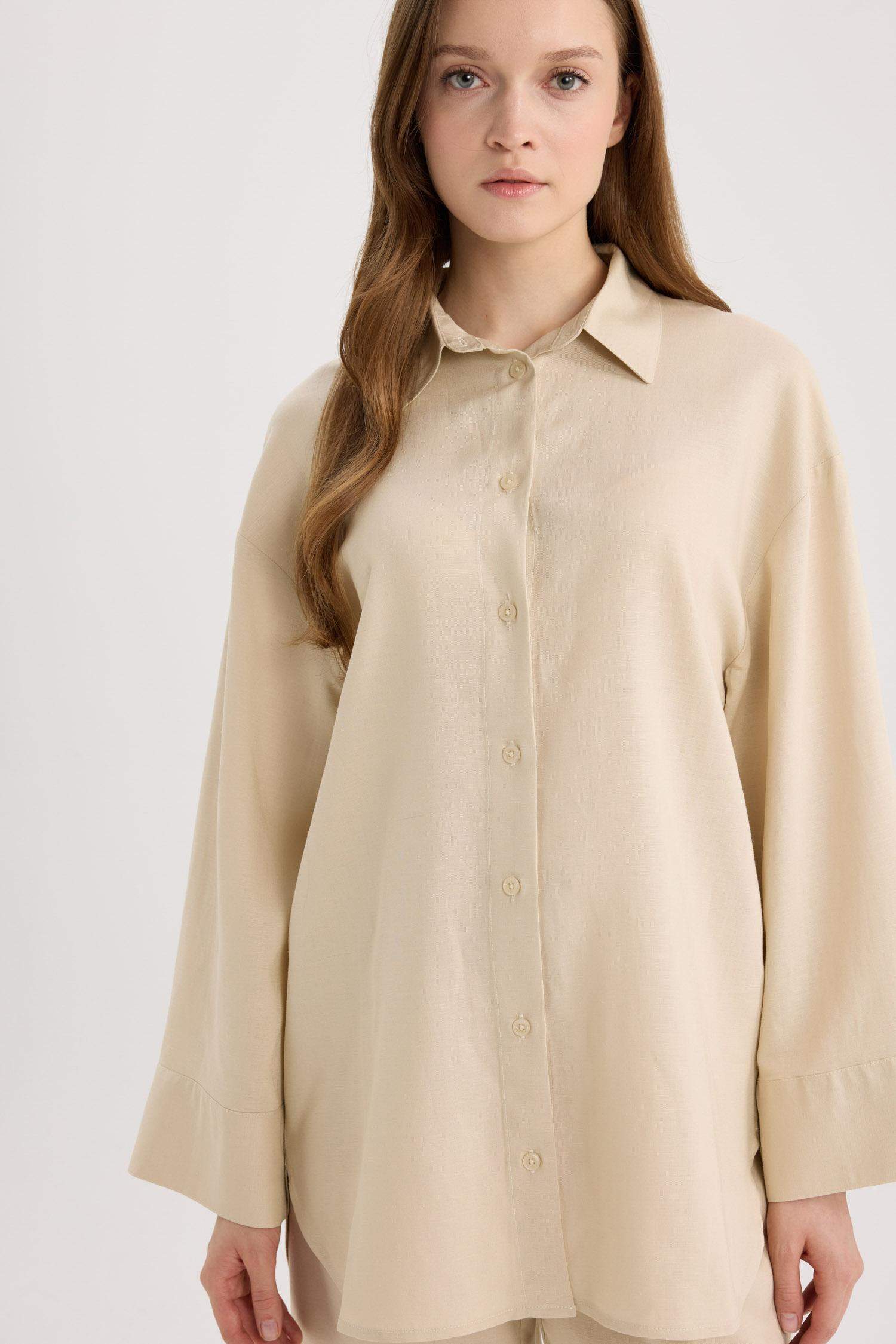 Relax Fit Keten Karışımlı Uzun Kollu Gömlek Tunik