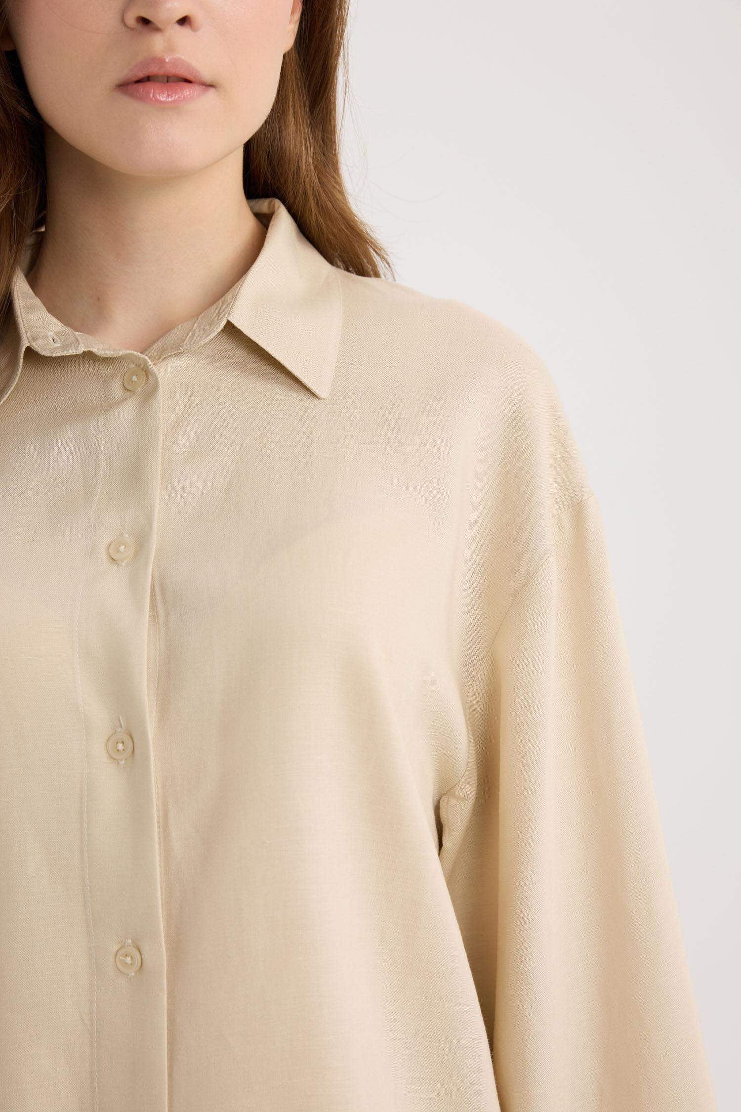 Relax Fit Keten Karışımlı Uzun Kollu Gömlek Tunik