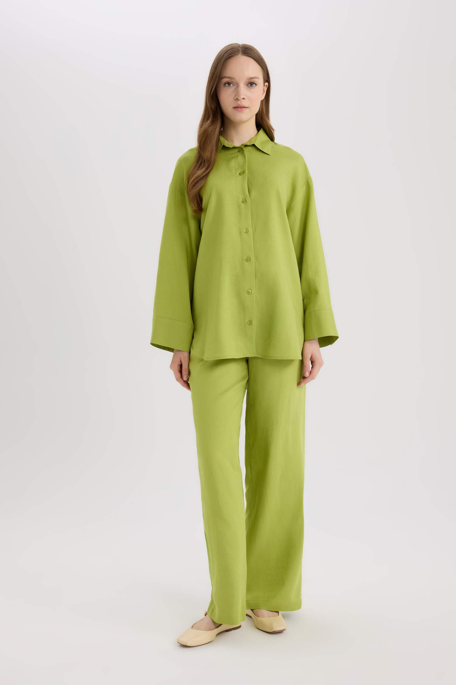 Relax Fit Keten Karışımlı Uzun Kollu Gömlek Tunik