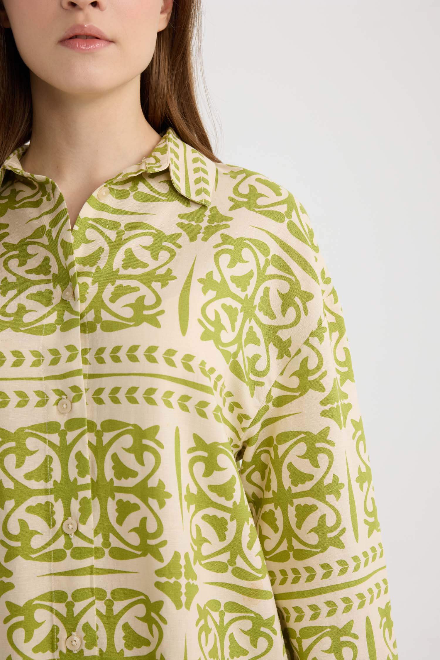 تونيك قصة مريحة كم طويل من مزيج الكتان أخضر منقوش