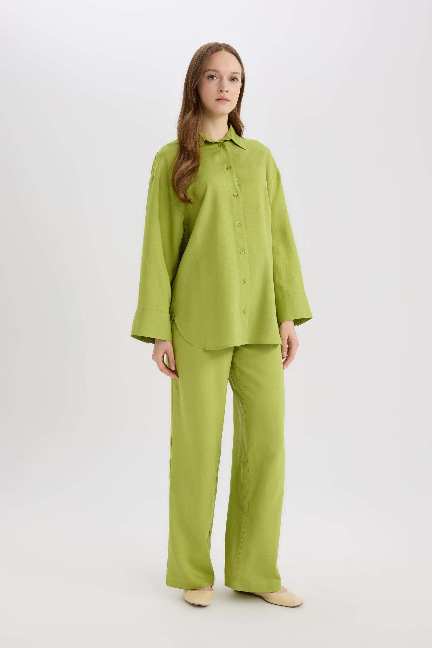 بنطرون وايد ليج برجل واسع من مزيج الكتان