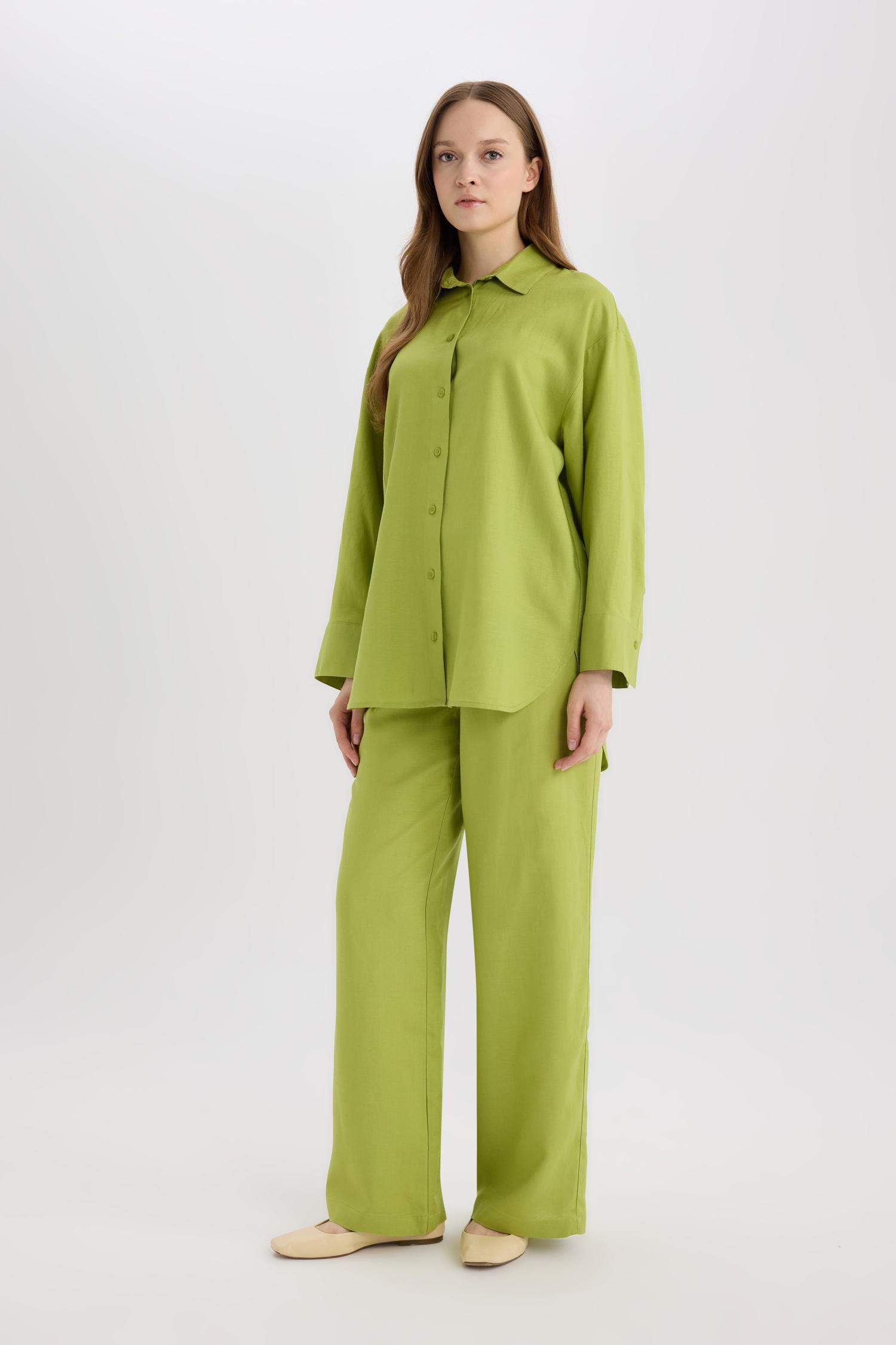 بنطرون وايد ليج برجل واسع من مزيج الكتان