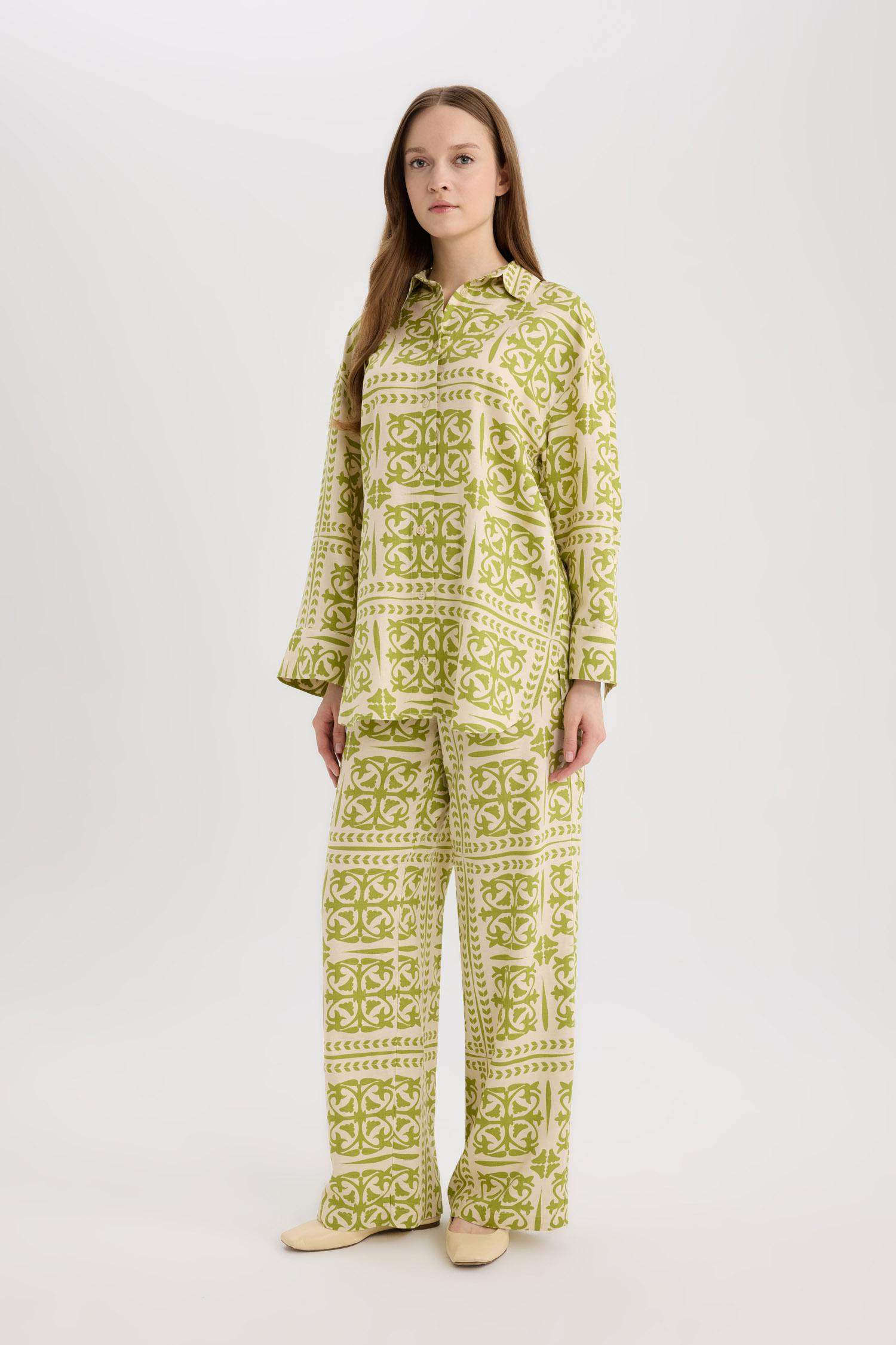  بنطرون برجل واسع وايد ليج مطبوع من مزيج الكتان 