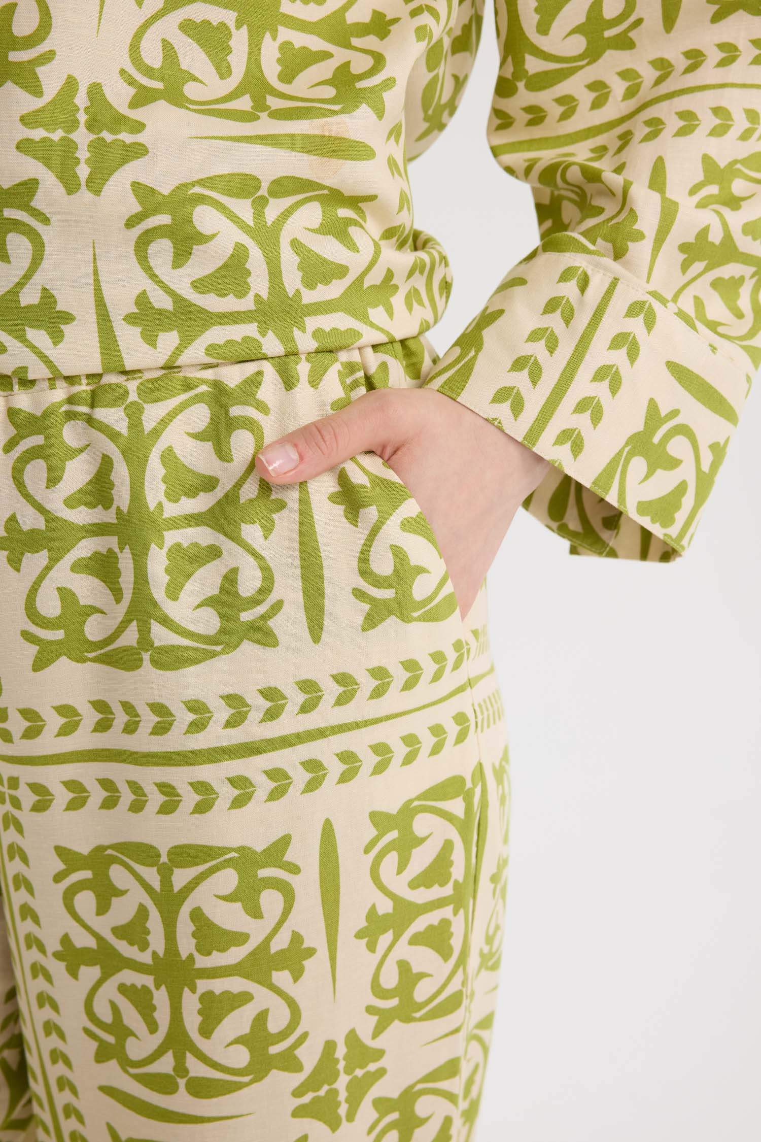  بنطرون برجل واسع وايد ليج مطبوع من مزيج الكتان 