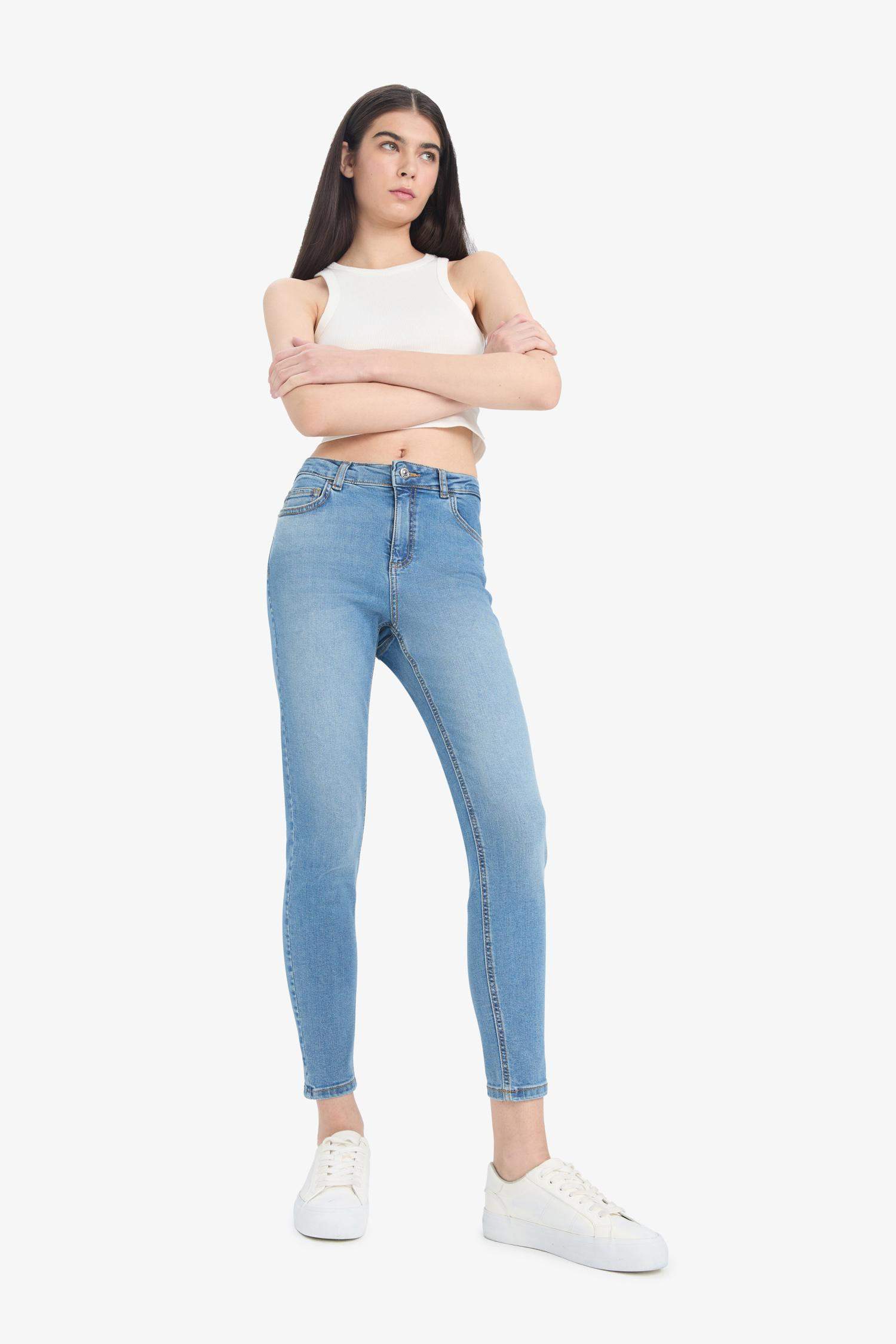 Skinny Fit Yüksek Bel Düz Paça Uzun Jean Taş Yıkama Pantolon