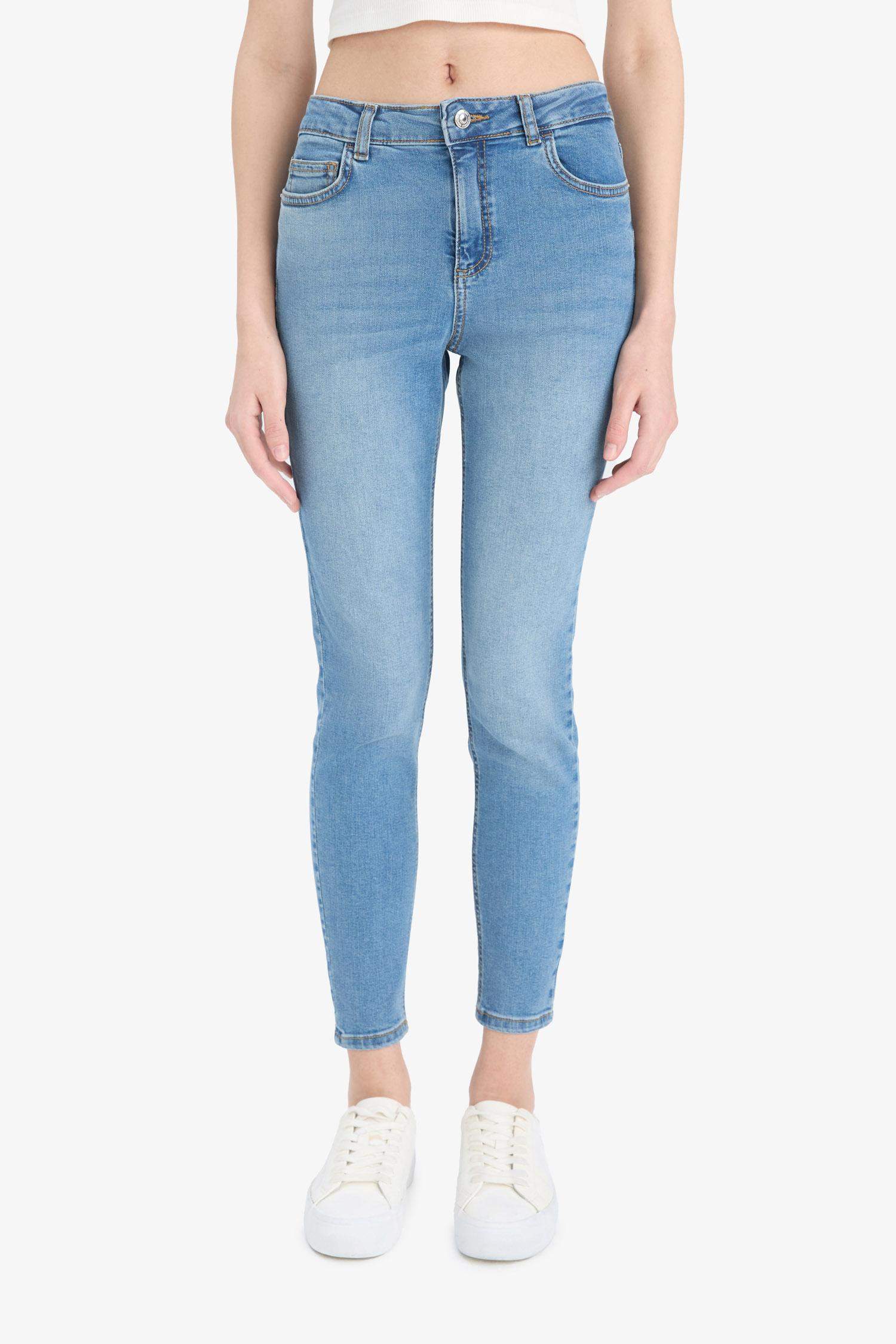 Skinny Fit Yüksek Bel Düz Paça Uzun Jean Taş Yıkama Pantolon