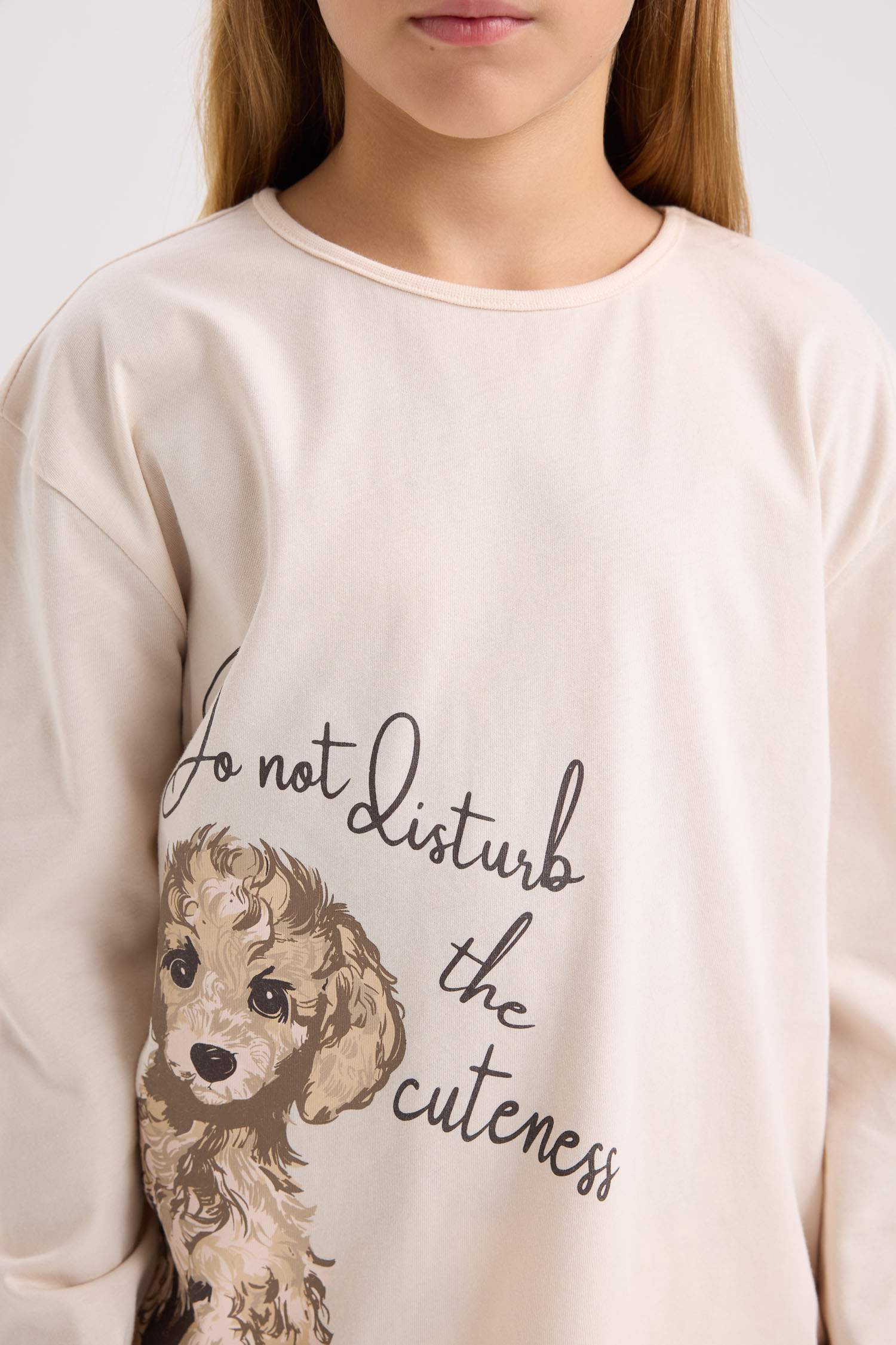 Kız Çocuk Pijama Takımı Köpek Baskılı Uzun Kollu Üst Uzun Alt