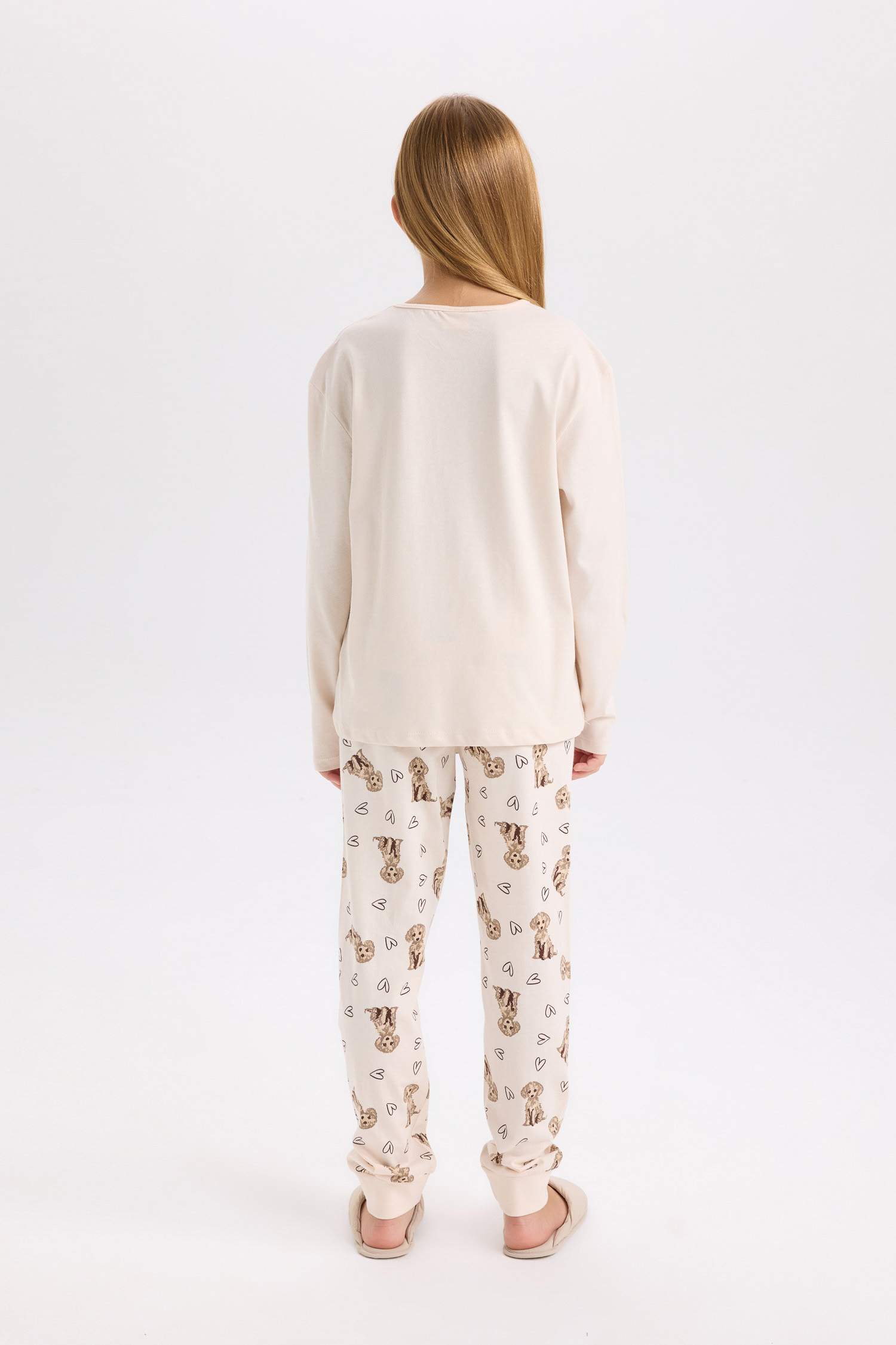 Kız Çocuk Pijama Takımı Köpek Baskılı Uzun Kollu Üst Uzun Alt