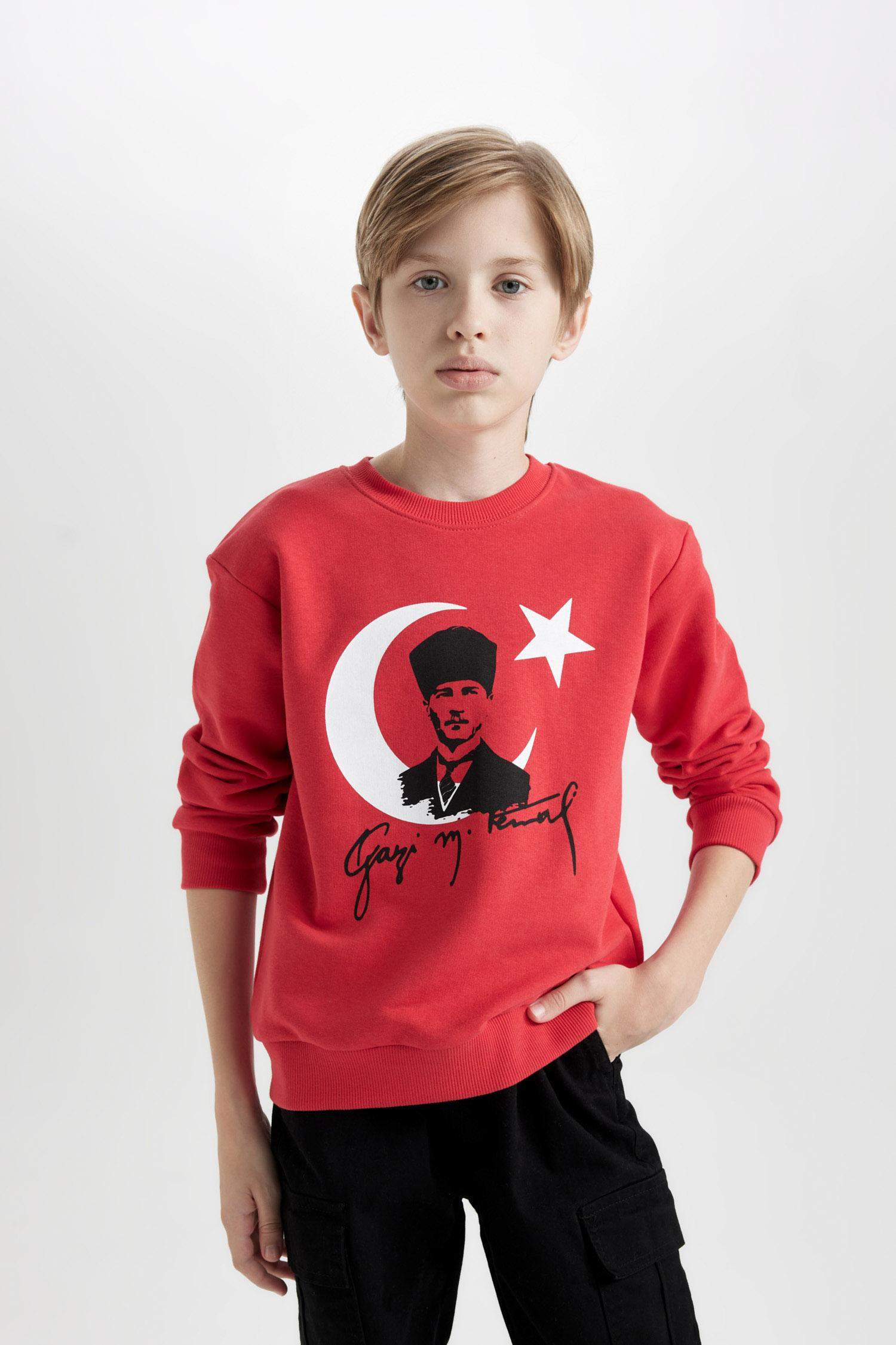 Erkek Çocuk Bisiklet Yaka Atatürk Baskılı Kırmızı Sweatshirt