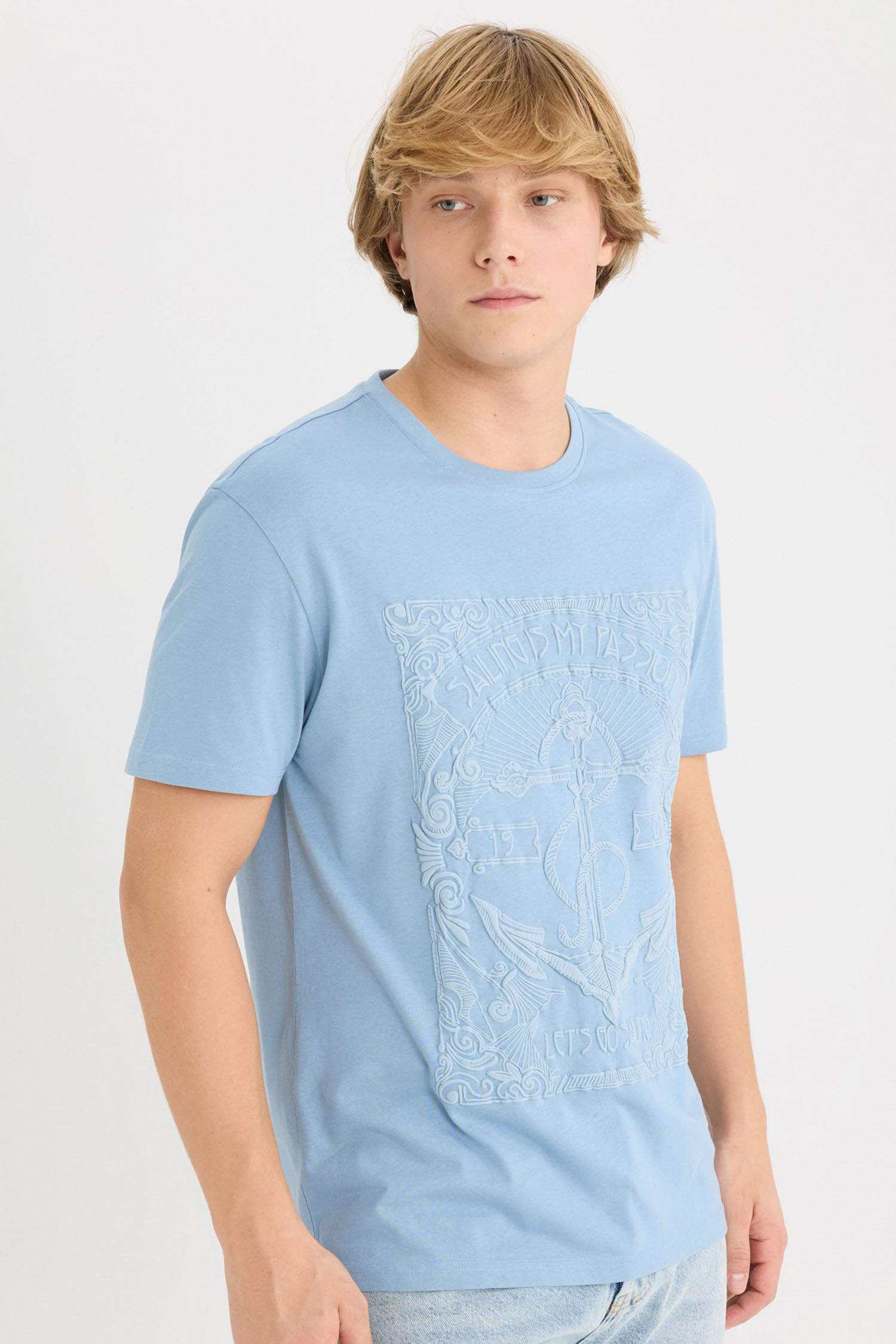 %100 Pamuk Regular Fit Bisiklet Yaka Baskılı Kısa Kollu Tişört