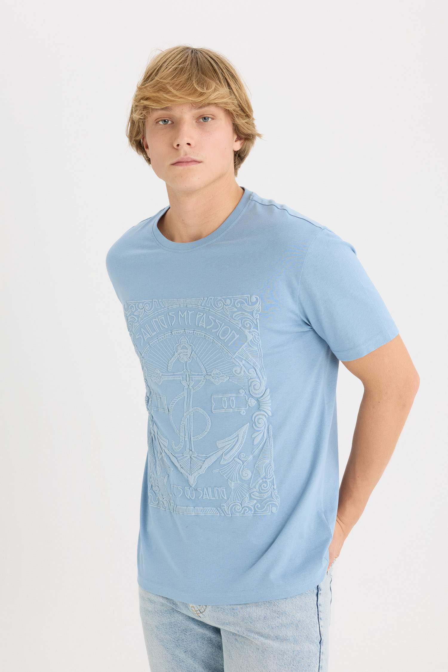 %100 Pamuk Regular Fit Bisiklet Yaka Baskılı Kısa Kollu Tişört