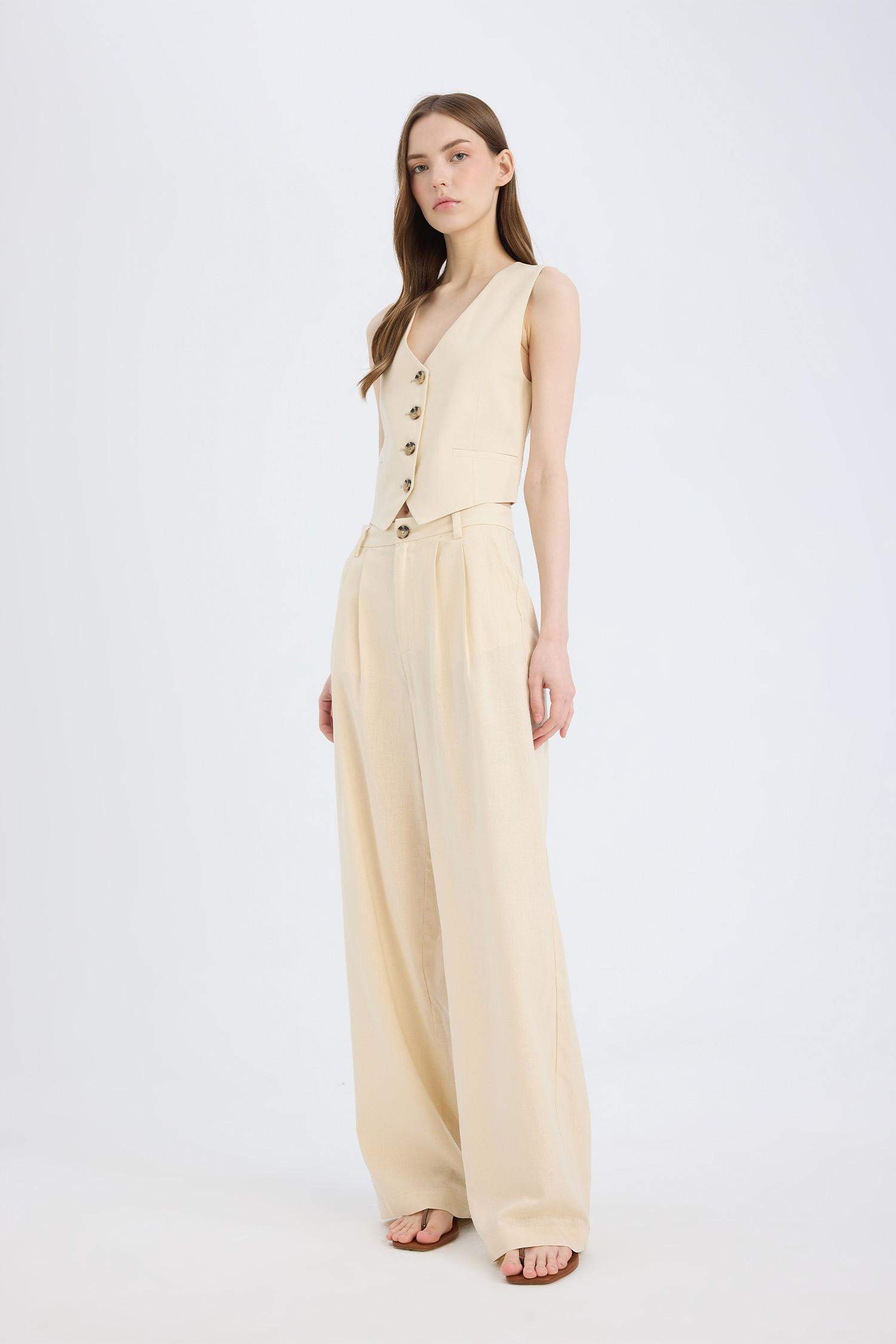 Широкие брюки из смесового льна с высокой посадкой и тремя карманами