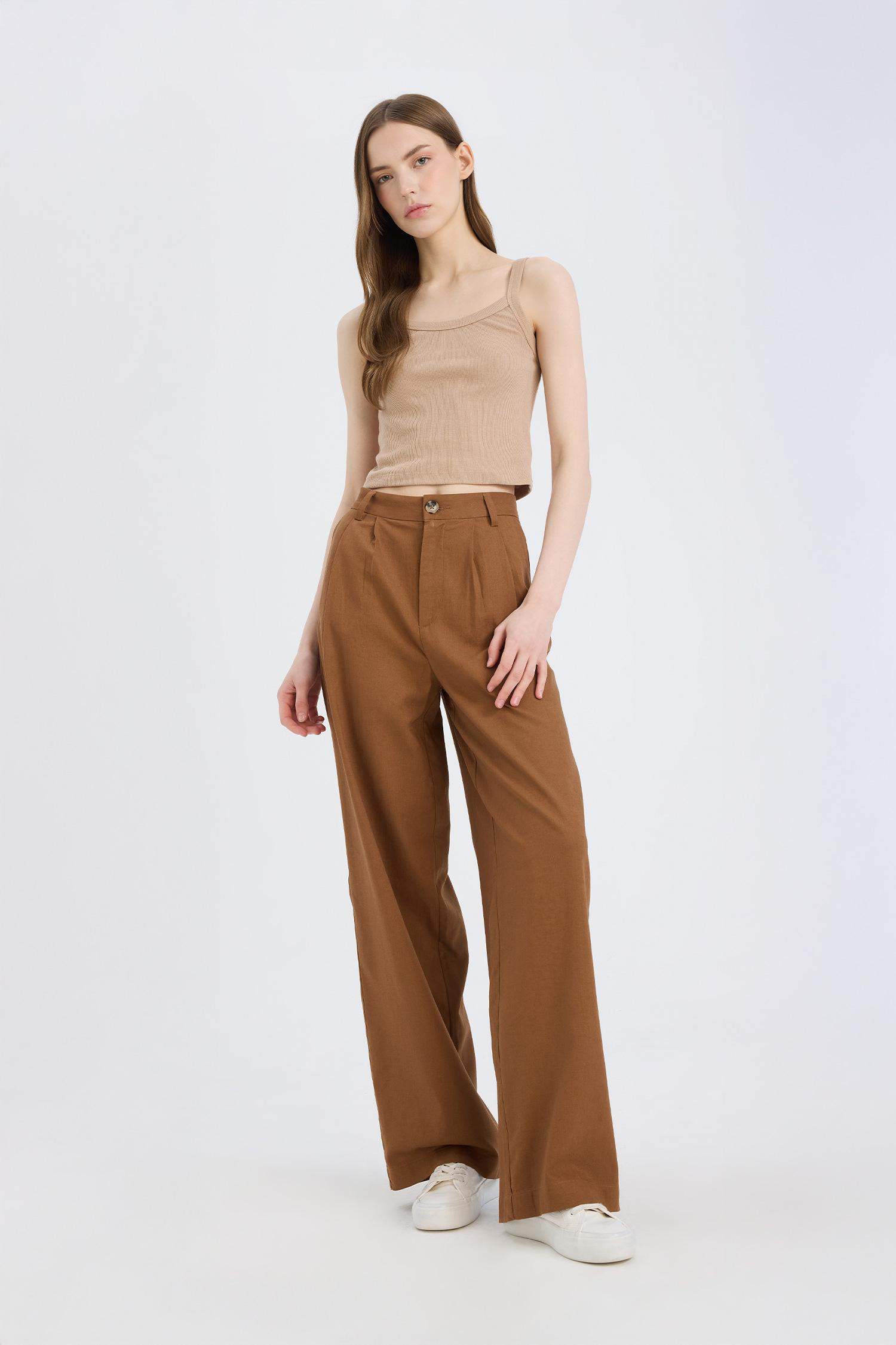 Wide Leg Three Pocket High Waist Linen Blend Trousers