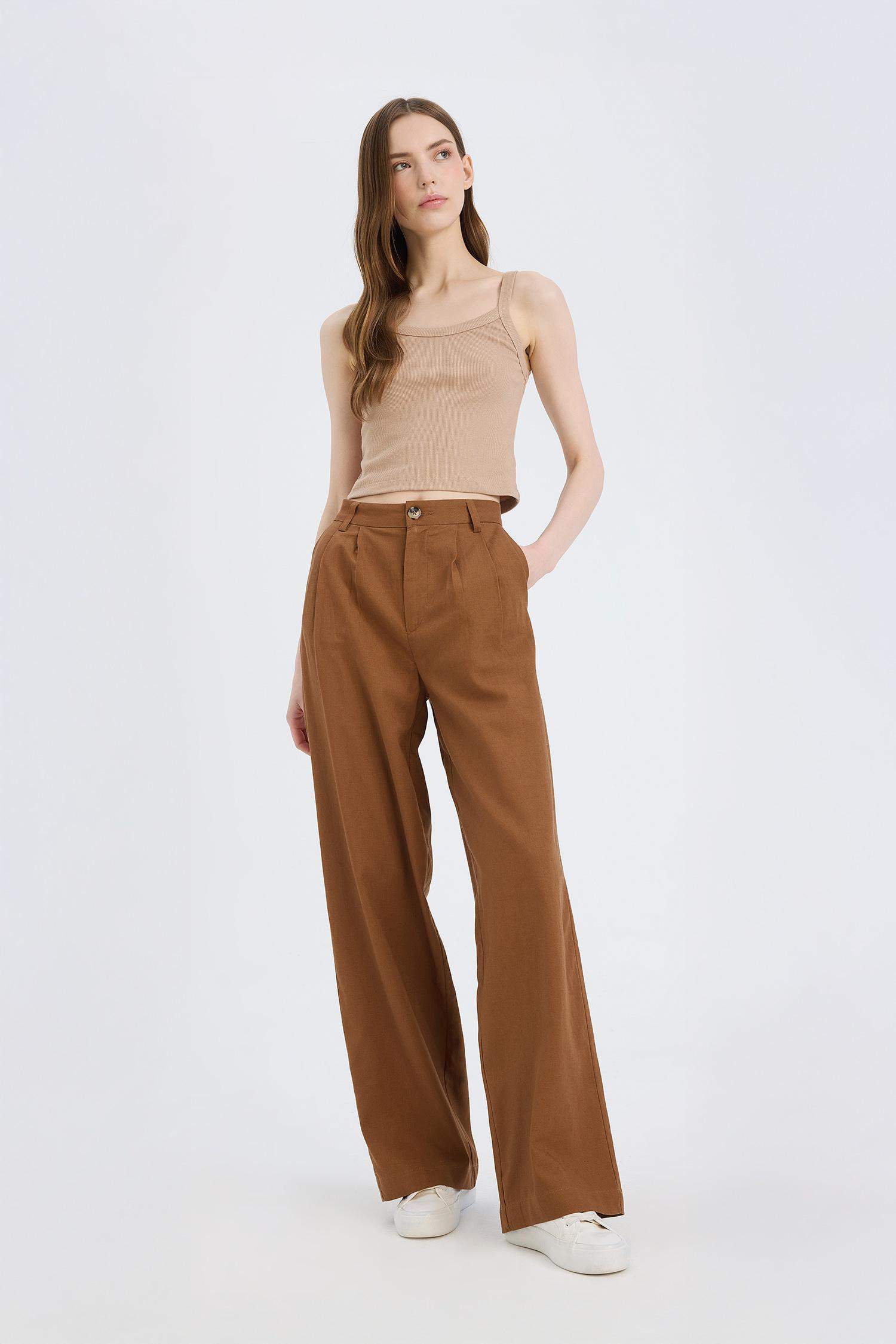Wide Leg Three Pocket High Waist Linen Blend Trousers