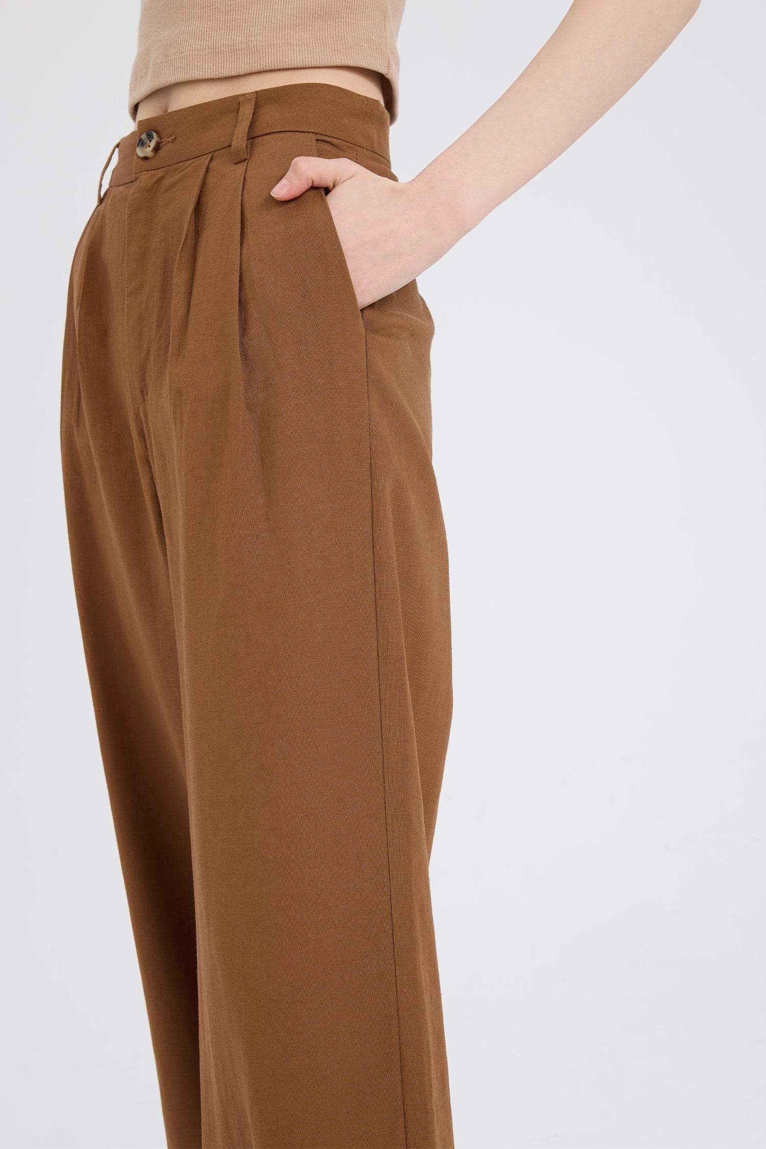 Wide Leg Three Pocket High Waist Linen Blend Trousers