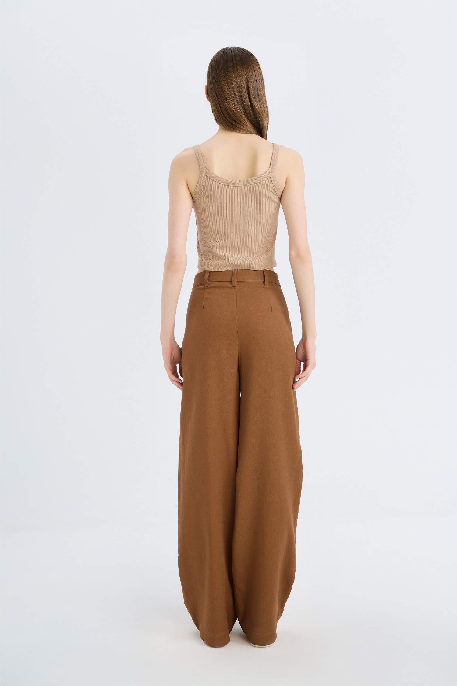 Wide Leg Three Pocket High Waist Linen Blend Trousers