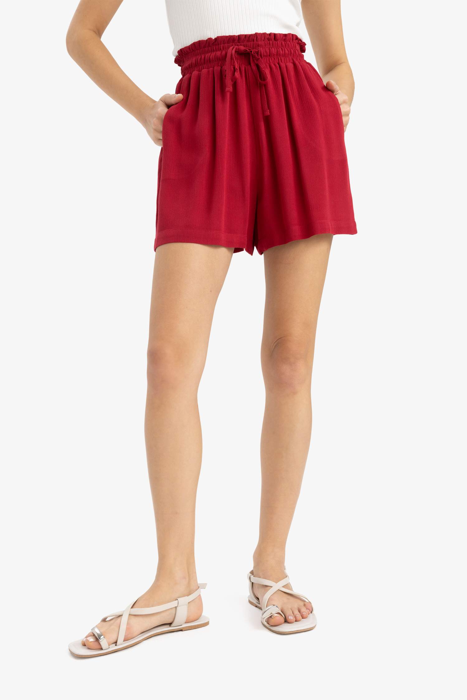 Beli Lastikli Kısa Paça Krinkıl Viskon Şort