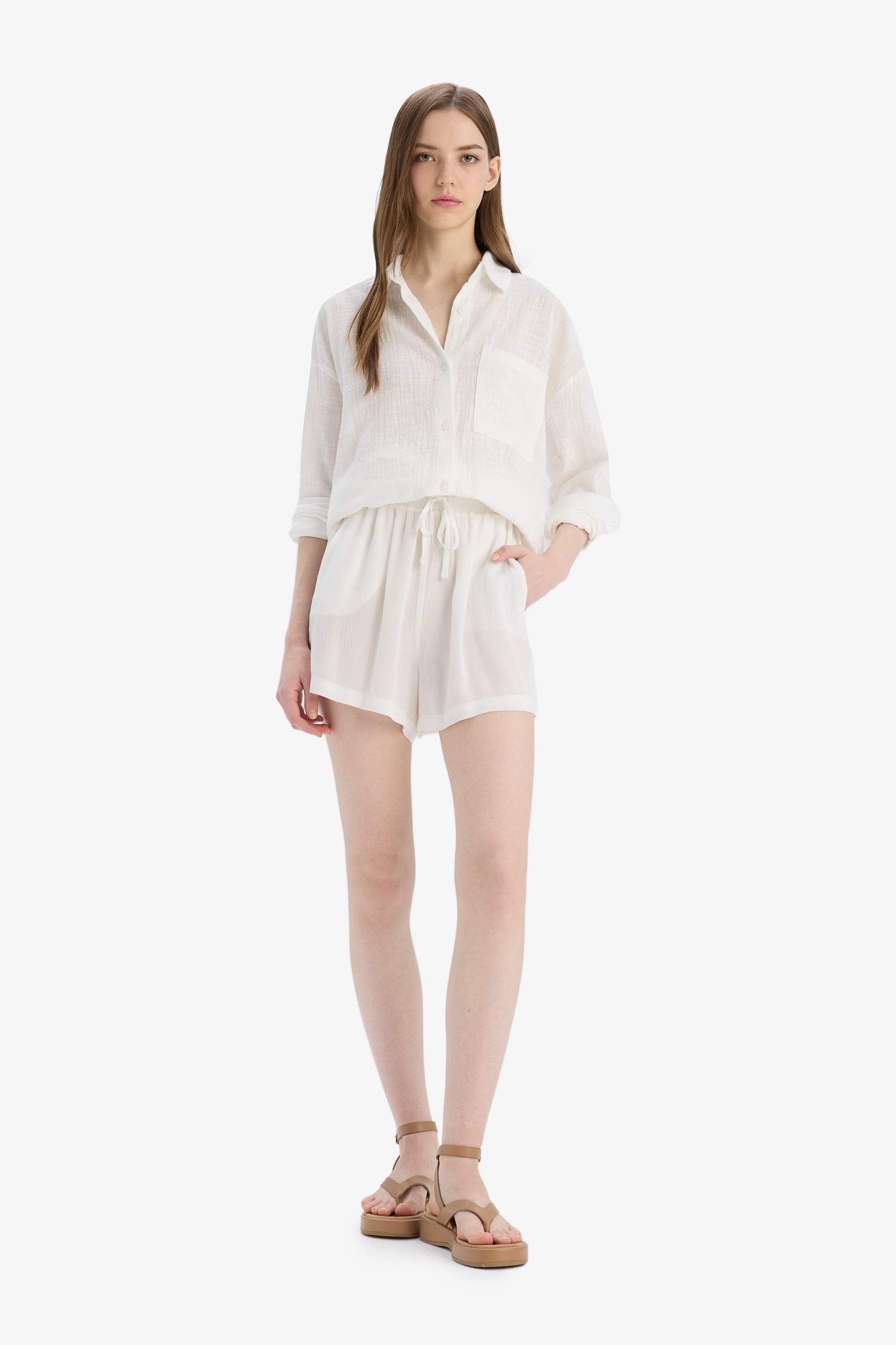 Beli Lastikli Kısa Paça Krinkıl Viskon Şort