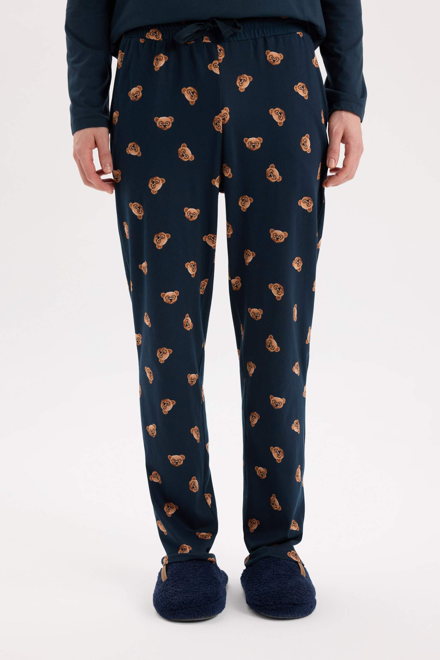 Regular Fit Pijama Takımı Bisiklet Yaka Ayı Baskılı Uzun Kollu Üst Uzun Alt