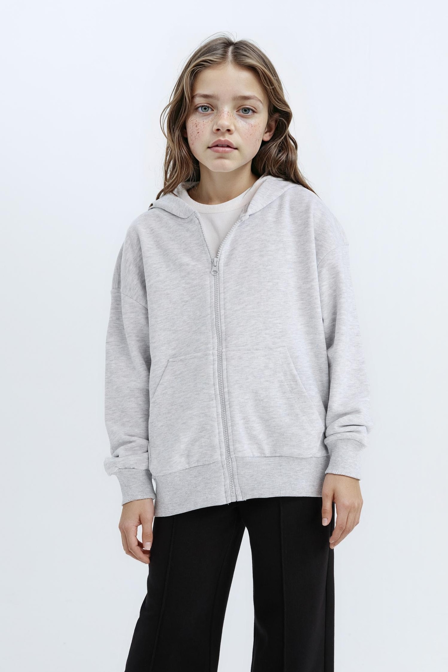 Kız Çocuk Oversize Geniş Kalıp Kapüşonlu Basic Düz Fermuarlı Sweatshirt