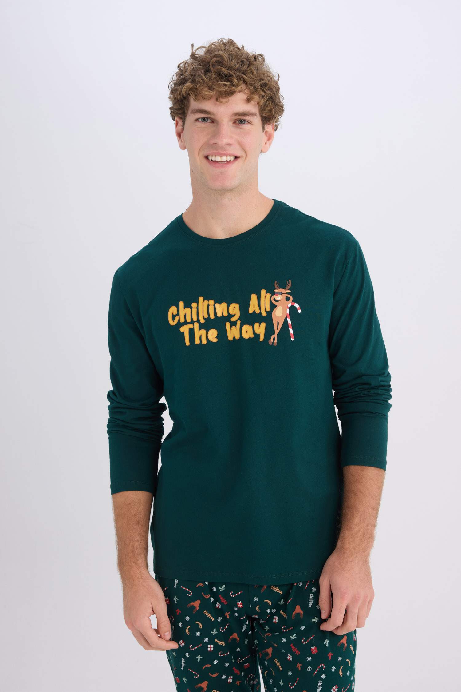 Yılbaşı Temalı Pijama Takımı Bisiklet Yaka Baskılı Uzun Kollu Üst Uzun Alt