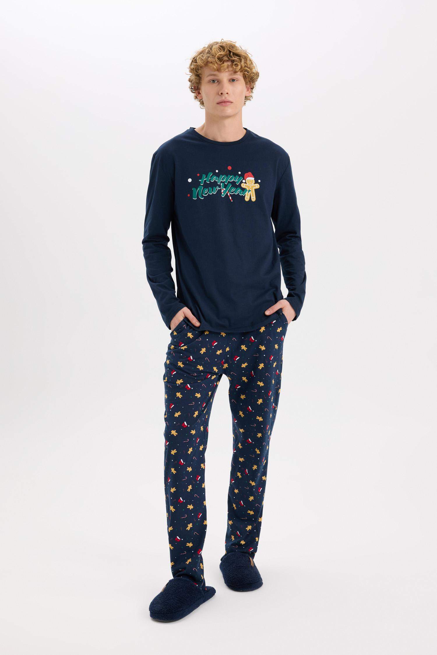 Yılbaşı Temalı Pijama Takımı Bisiklet Yaka Uzun Kollu Üst Uzun Alt