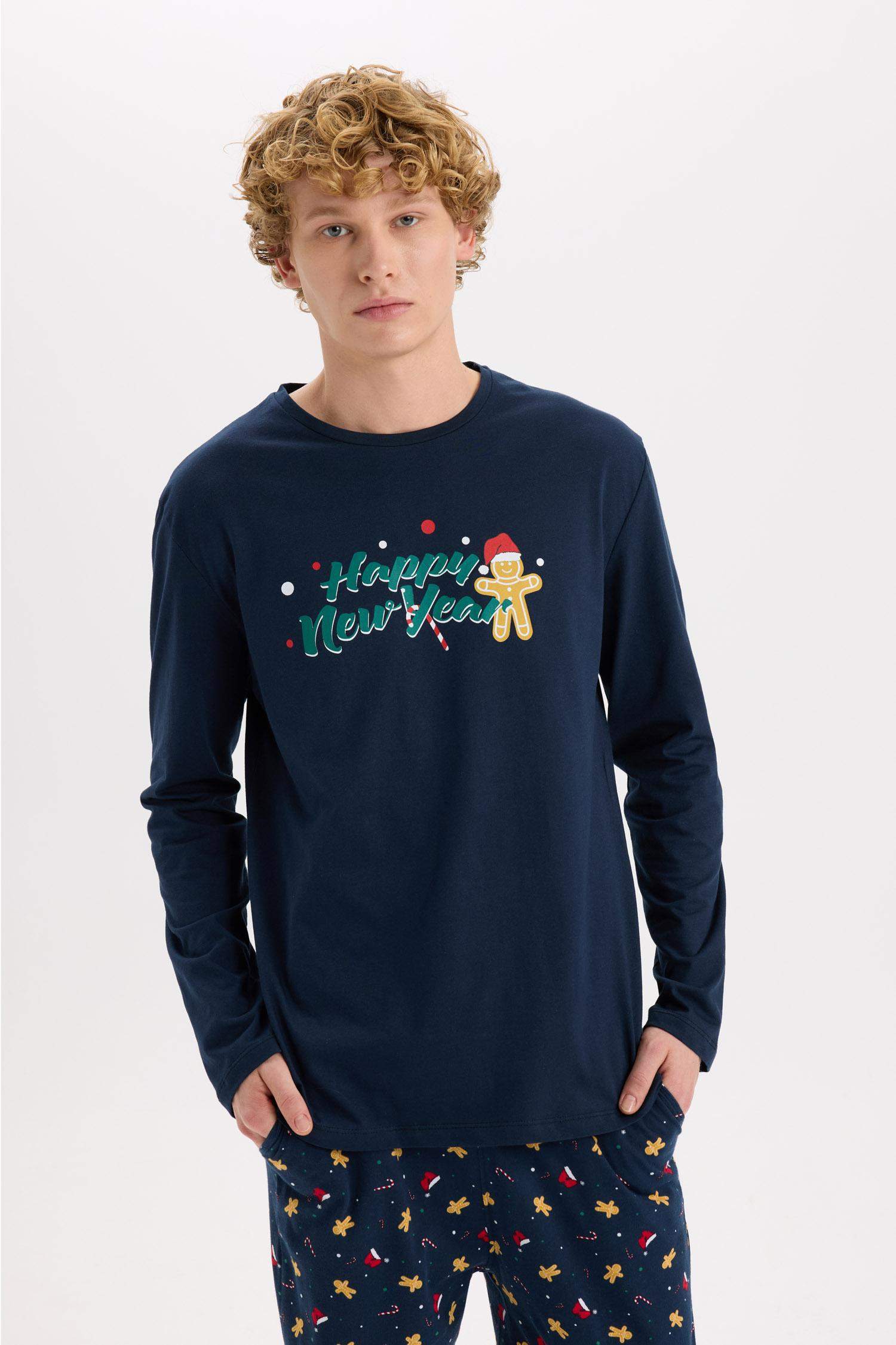 Yılbaşı Temalı Pijama Takımı Bisiklet Yaka Uzun Kollu Üst Uzun Alt