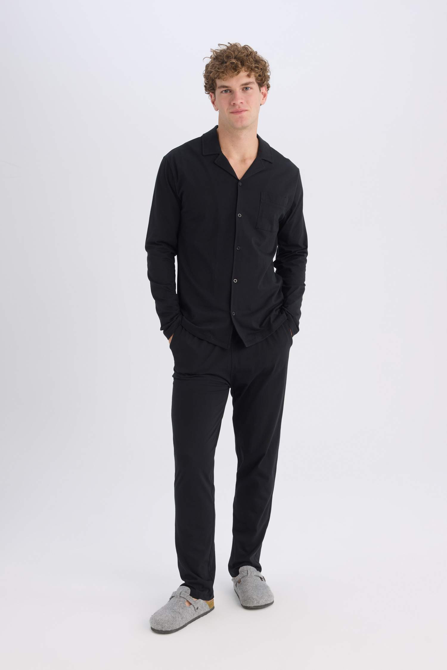 Regular Fit Pijama Takımı Uzun Kollu Basic Düz Üst Uzun Alt