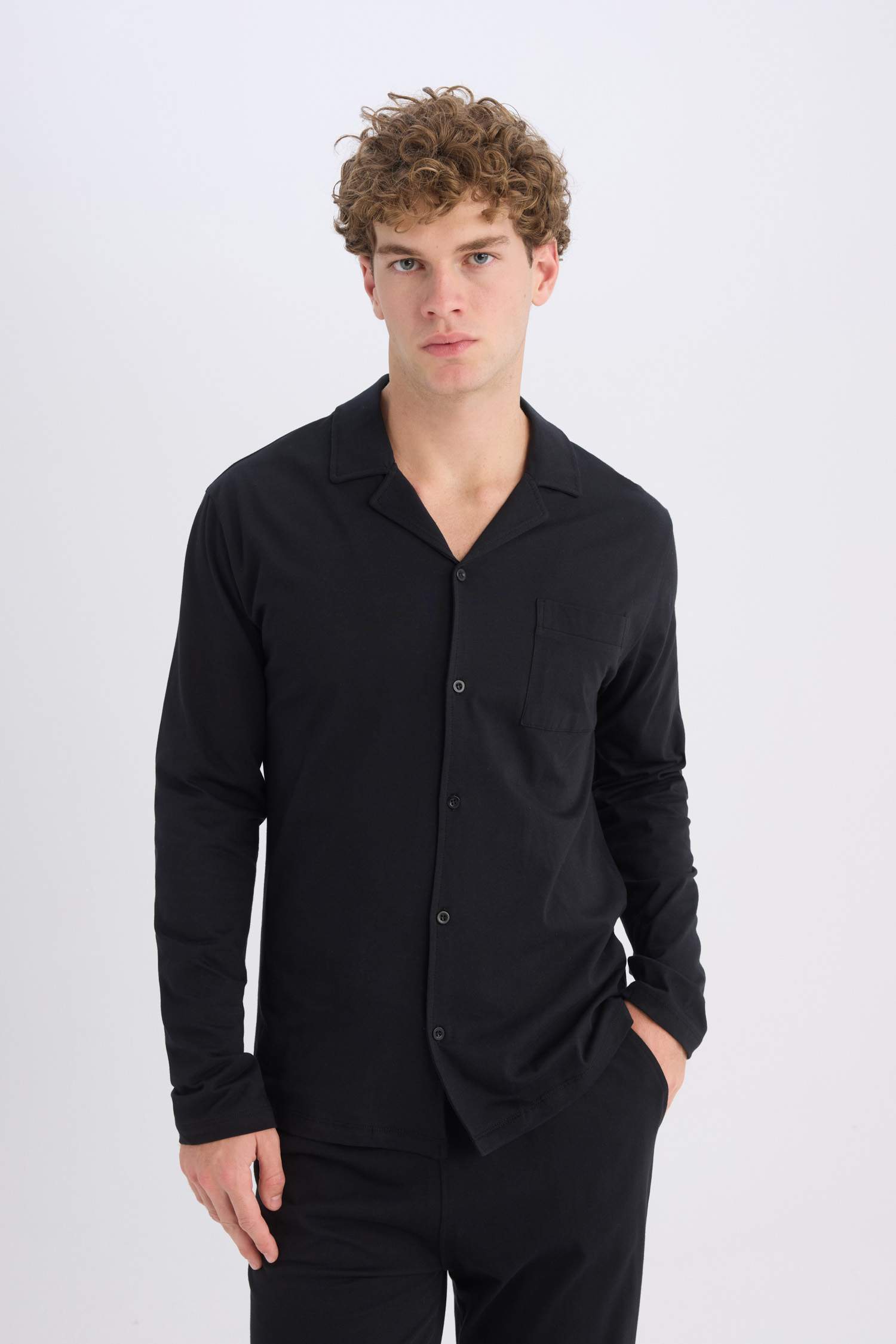 Regular Fit Pijama Takımı Uzun Kollu Basic Düz Üst Uzun Alt