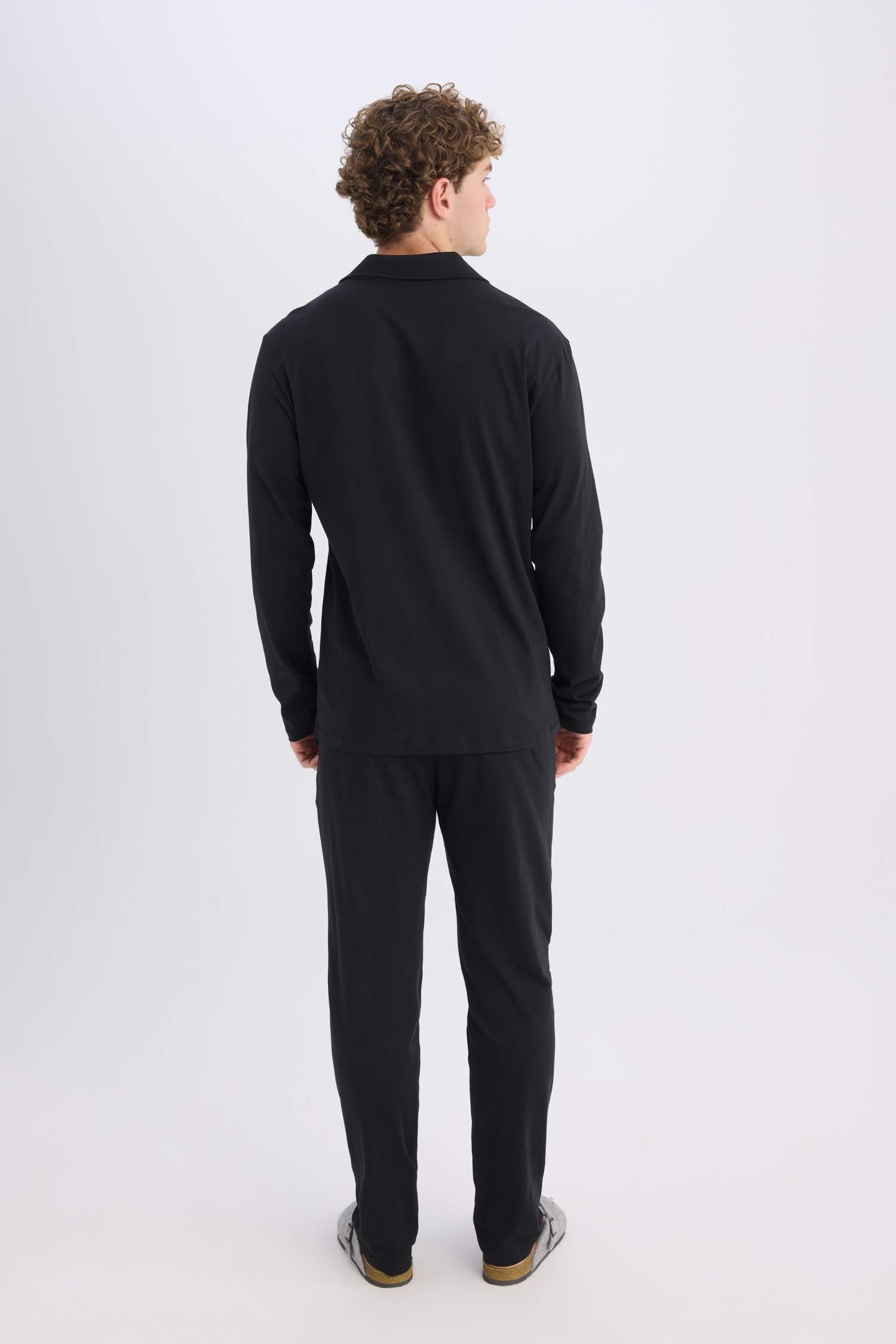 Regular Fit Pijama Takımı Uzun Kollu Basic Düz Üst Uzun Alt