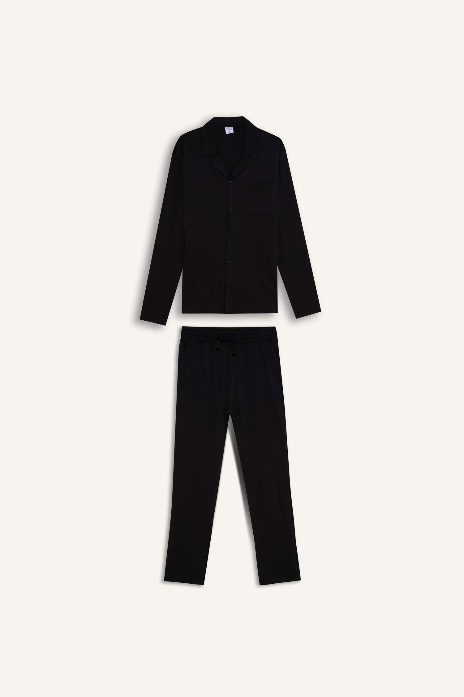 Regular Fit Pijama Takımı Uzun Kollu Basic Düz Üst Uzun Alt