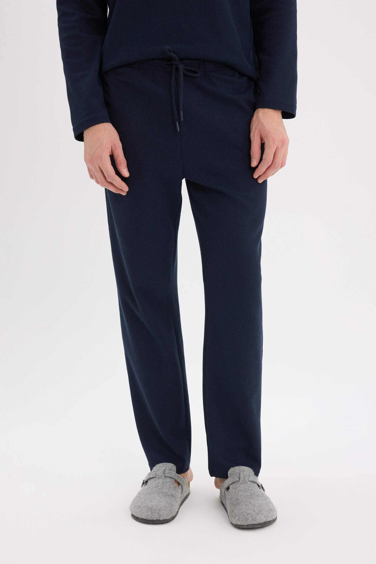 Regular Fit Waffle Pijama Takımı Basic Düz Bisiklet Yaka Uzun Kollu Üst Uzun Alt