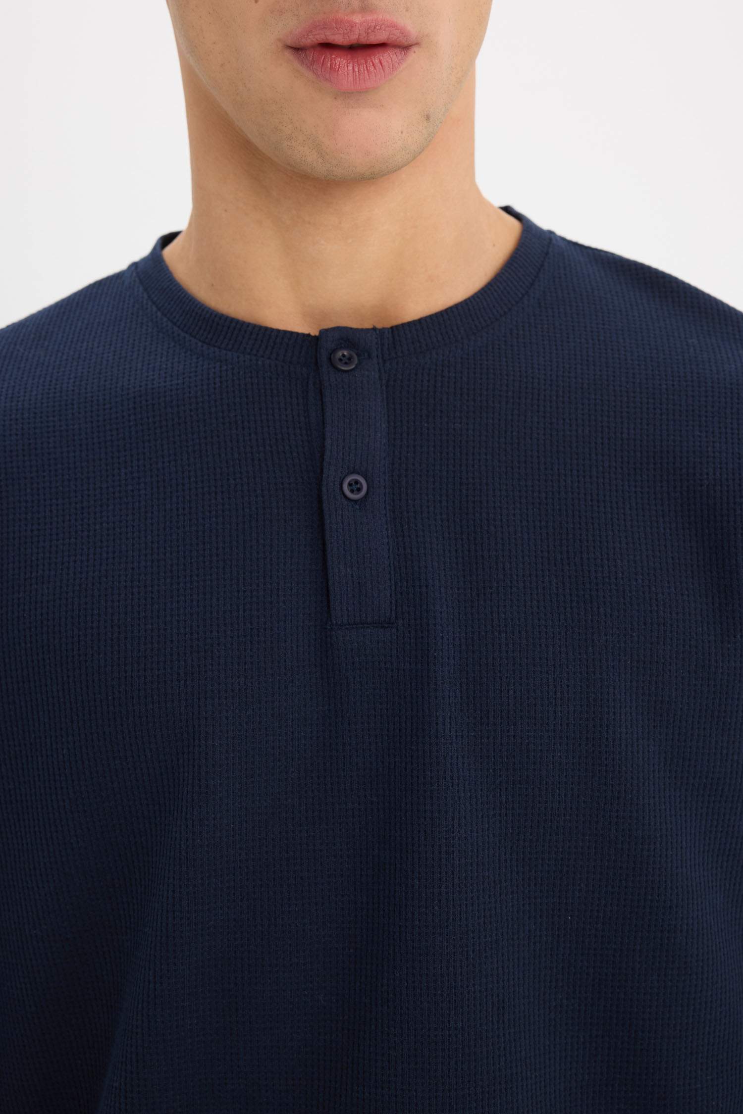 Regular Fit Waffle Pijama Takımı Basic Düz Bisiklet Yaka Uzun Kollu Üst Uzun Alt