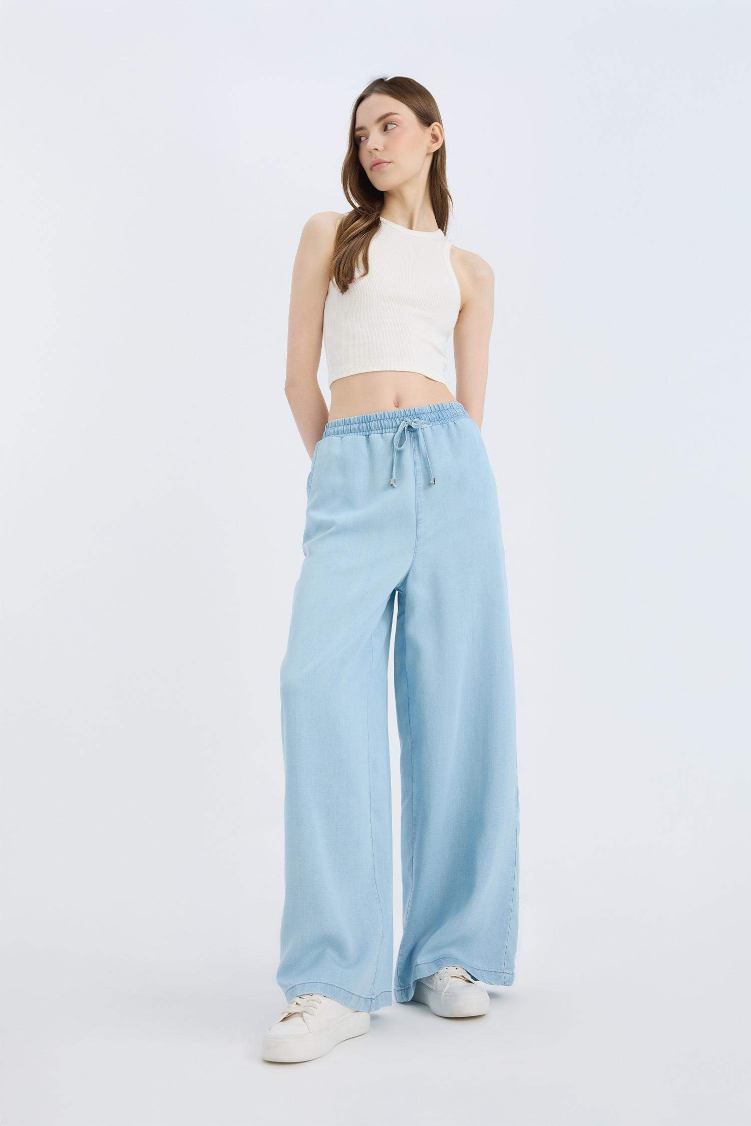 Yüksek Bel Düz Paça Tensel Yıkamalı Pantolon