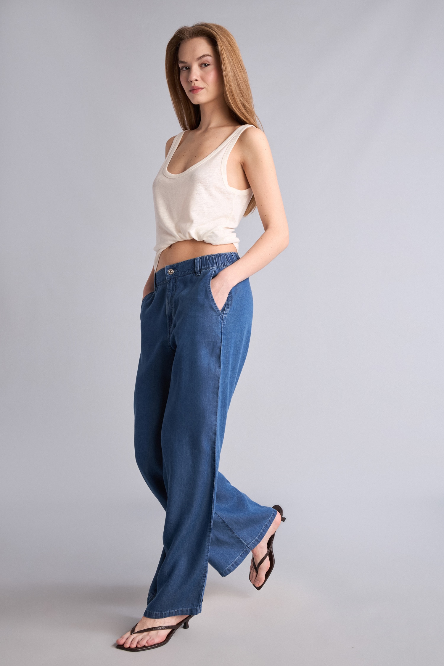 DeFacto Wide Leg Akışkan Kumaş Yüksek Bel Jean Pantolon