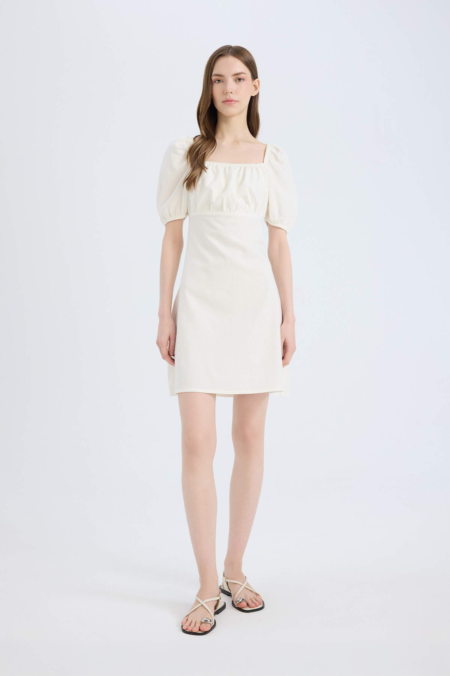 Square Collar Linen Blended Mini Dress