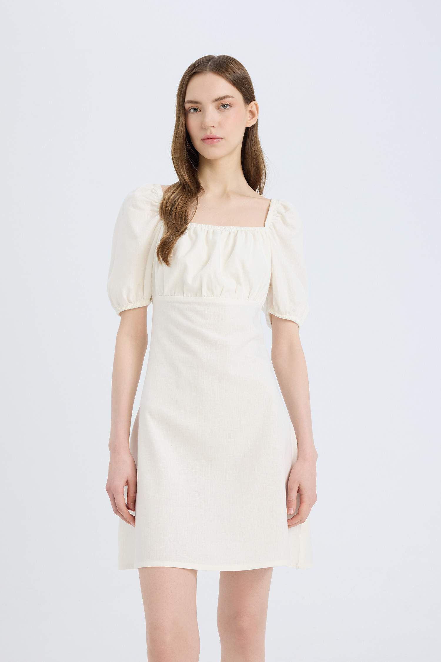 Square Collar Linen Blended Mini Dress